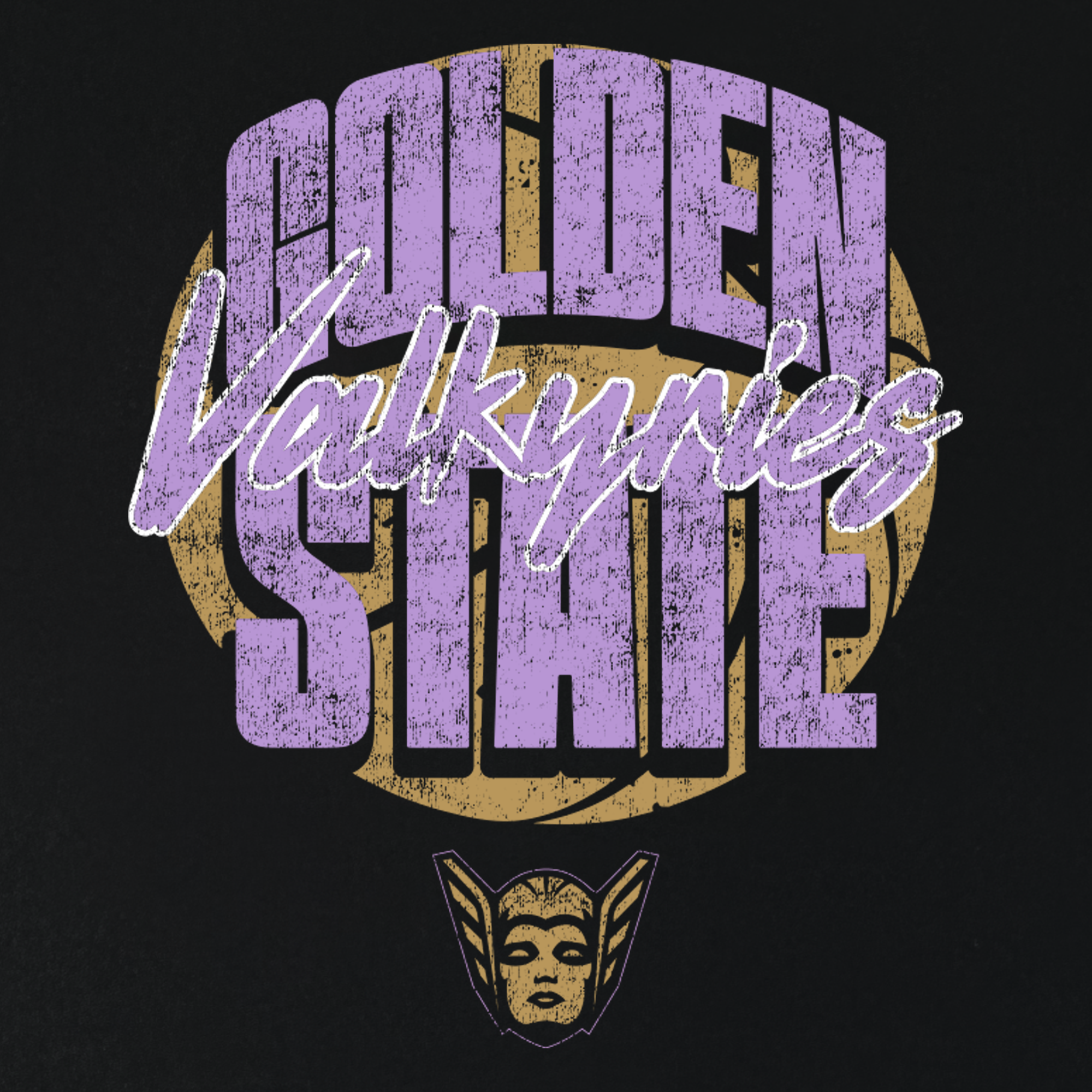 The GSV Fade Away Tee by GSV features distressed purple and gold text reading “GOLDEN STATE Valkyries” on a black background. Beneath the text is a small graphic of a winged, helmeted female face inspired by Valkyries, all styled in a vintage, bold sports logo design. Printed on a 100% cotton, classic-fit t-shirt, this tee is perfect for any Golden State Valkyries fan.