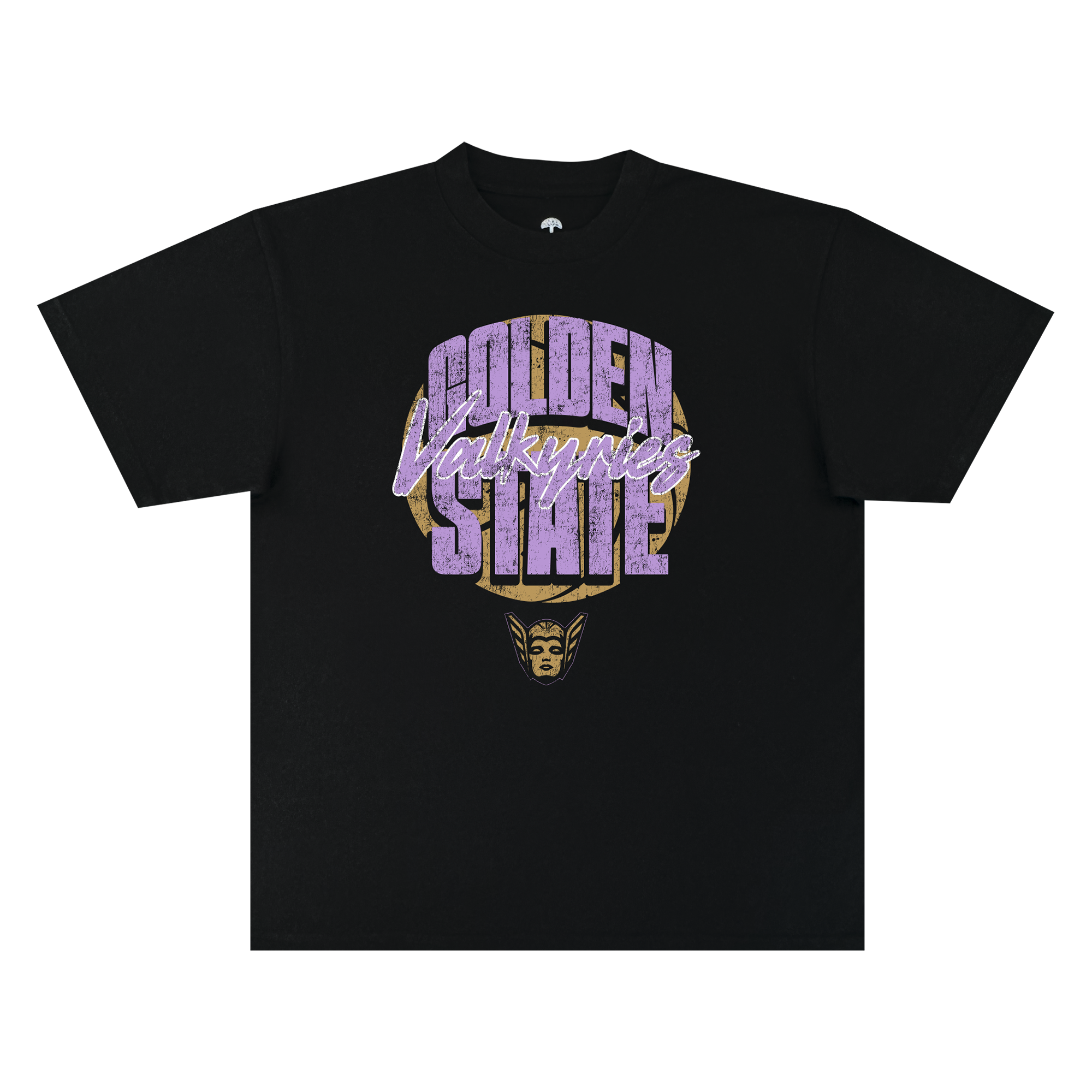 The GSV Fade Away Tee by GSV is a black, 100% cotton classic fit t-shirt featuring bold, distressed “Golden State Valkyries” lettering in purple and white. Beneath the text, a stylized golden Valkyrie face with a winged helmet is printed. The shirt is displayed flat on a white background.