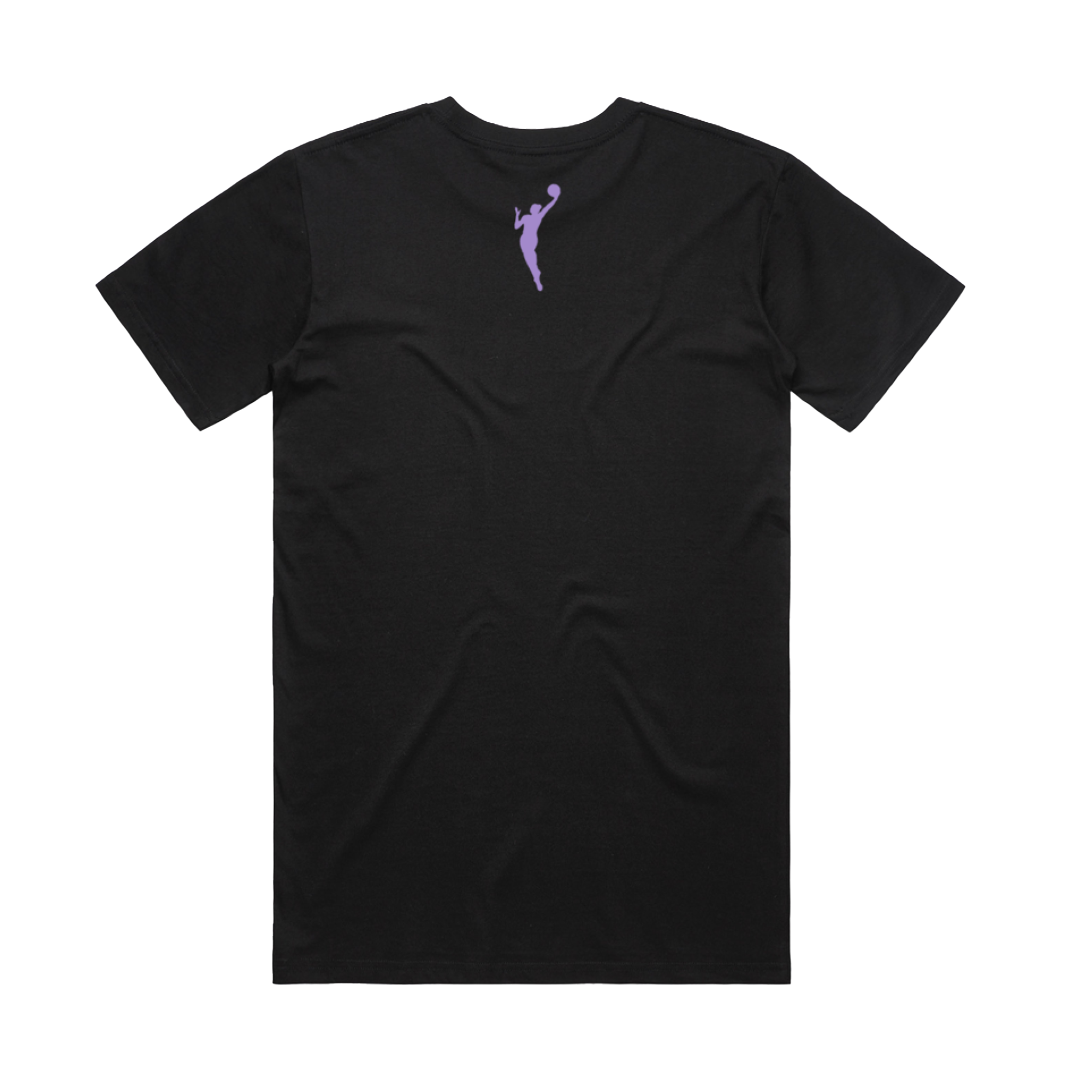 The GSV Logo Love Tee by GSV is a classic fit black tee crafted from 100% cotton, featuring a small light purple silhouette of a person with a basketball on the back, inspired by the Golden State Valkyries.