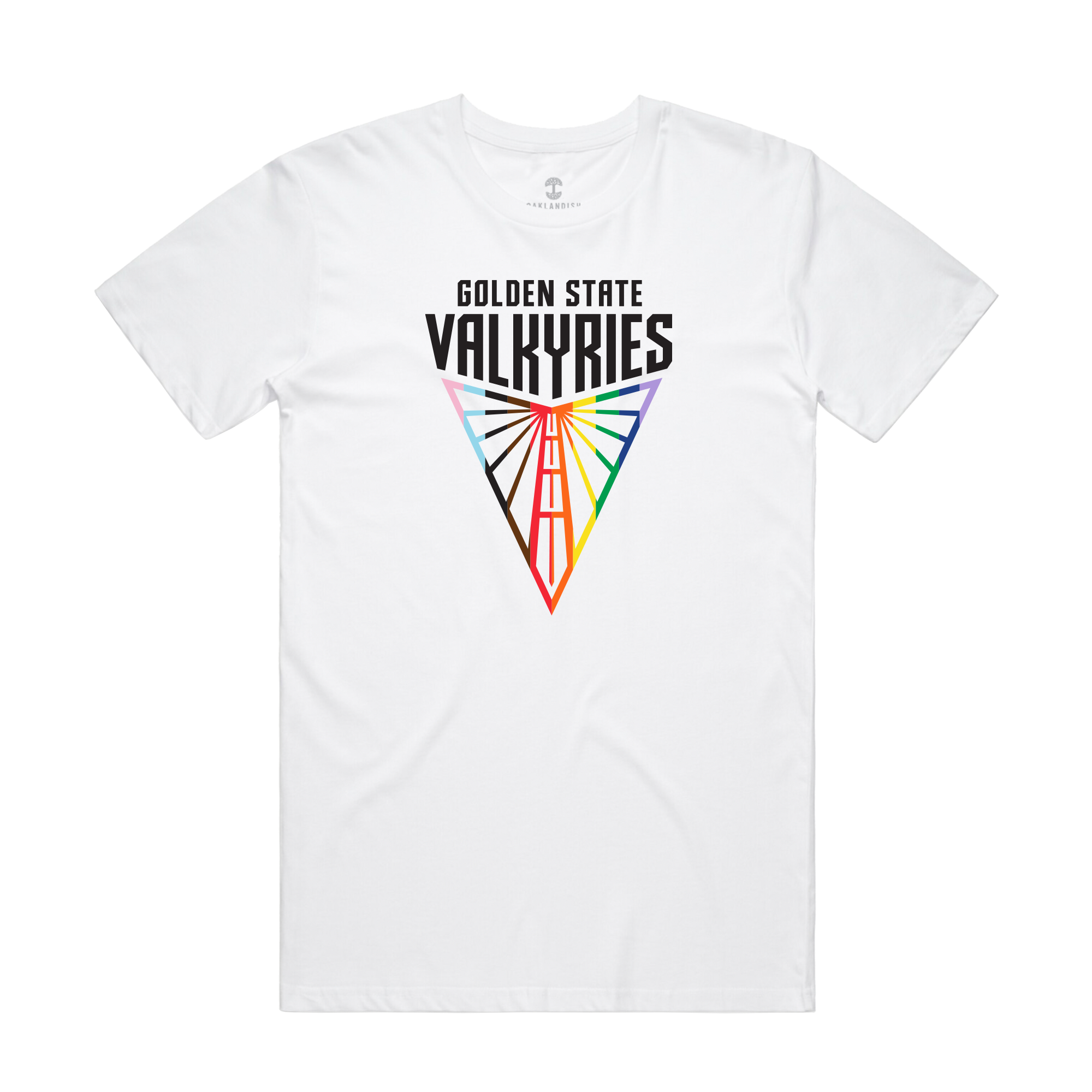 The GSV Logo Love Tee by GSV is a classic fit, 100% cotton shirt with "Golden State Valkyries" in bold black above a triangular graphic of rainbow lines radiating from a red bridge, inspired by the Golden Gate Bridge.