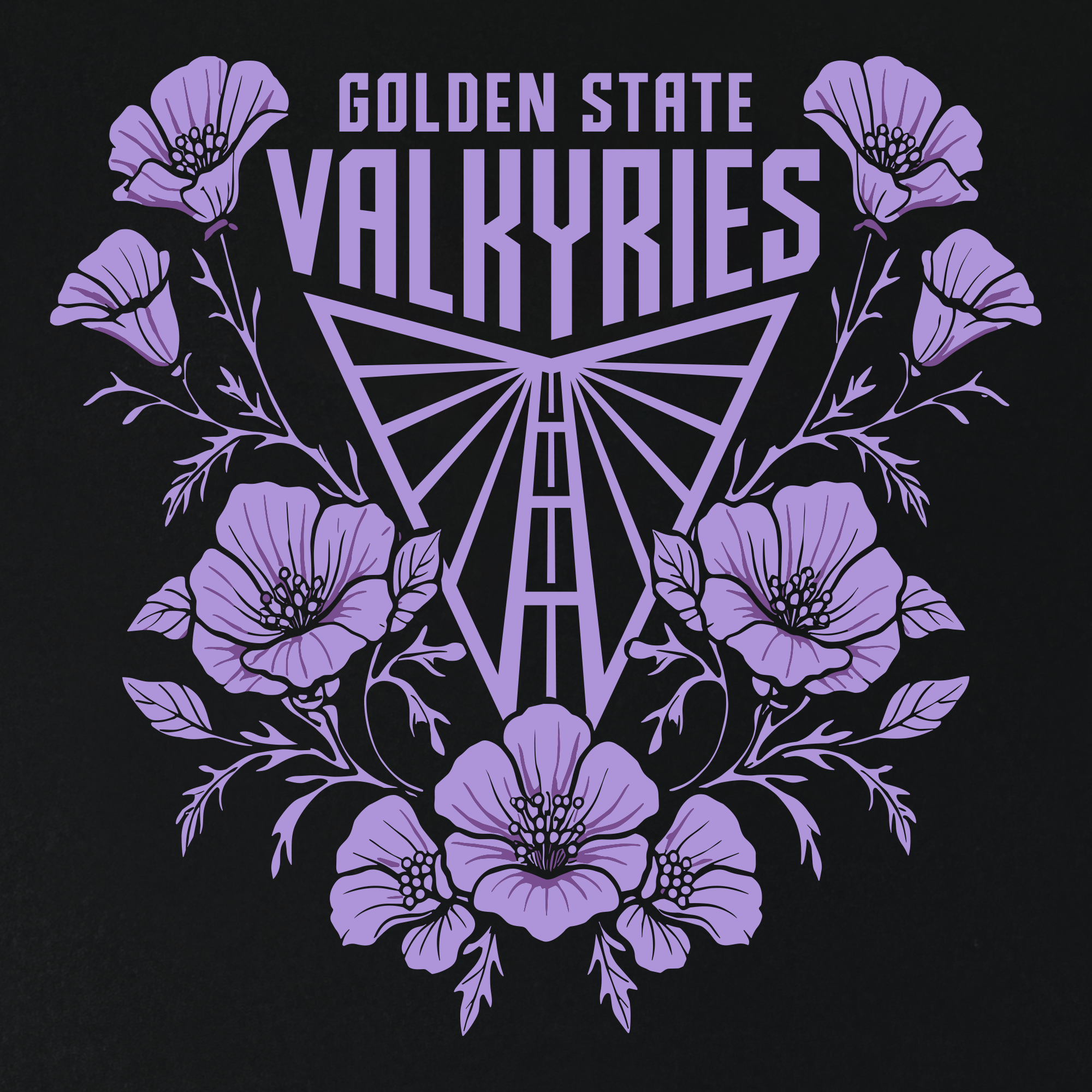 The GSV Poppies Tee by GSV features a symmetrical and elegant design with a stylized purple butterfly and poppy flowers framing bold “Golden State Valkyries” text on a black background. This classic fit t-shirt is crafted from 100% cotton.