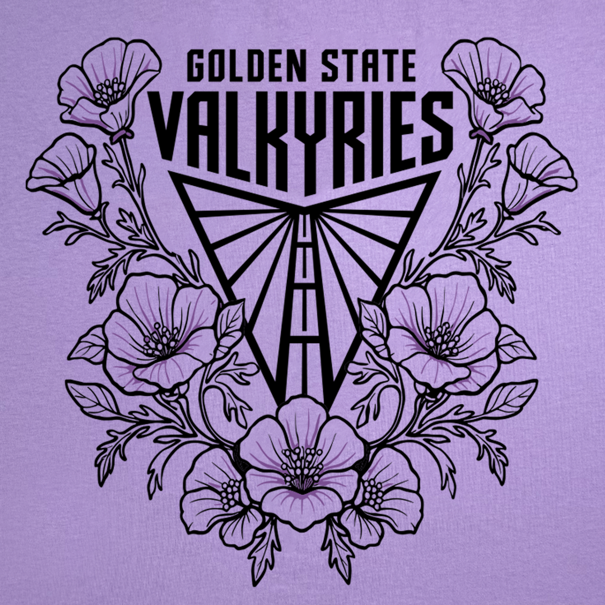 Black outlined poppy flowers encircle a stylized triangular emblem with wing-like shapes, with bold “GOLDEN STATE VALKYRIES” text above. This eye-catching design is featured on the GSV Poppies Tee—a lavender, garment-dyed t-shirt from GSV, made from 100% cotton for superior comfort and quality.