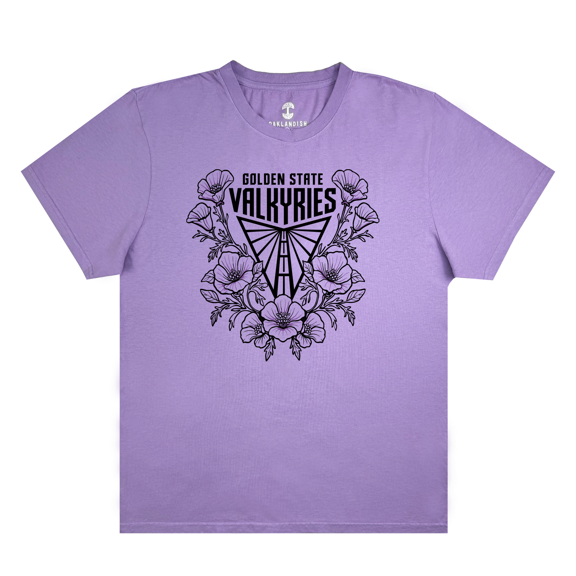 The GSV Poppies Tee by GSV is a lavender garment-dyed, 100% cotton t-shirt featuring black “Golden State Valkyries” text above a stylized Valkyrie helmet surrounded by illustrated poppy flowers and leaves. This short-sleeve shirt has no additional designs or patterns.