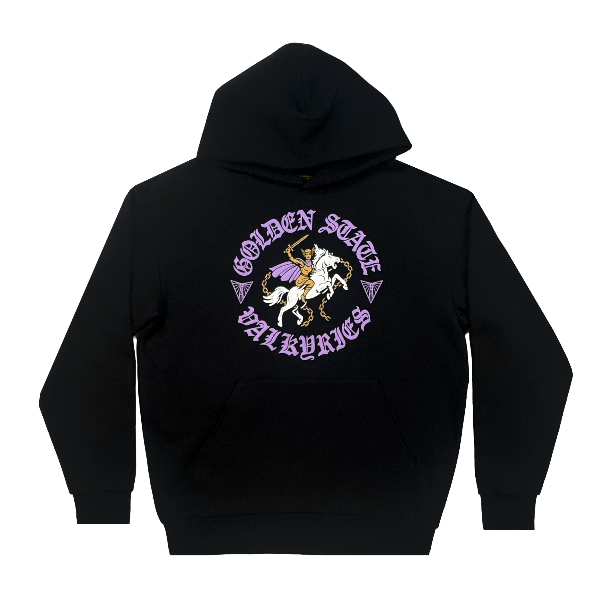 The GSV ROTV Hoodie by GSV is a unisex pullover with a central valkyrie-on-horse graphic, surrounded by bold purple "GOLDEN STATE VALKYRIES" text on a plain white background.