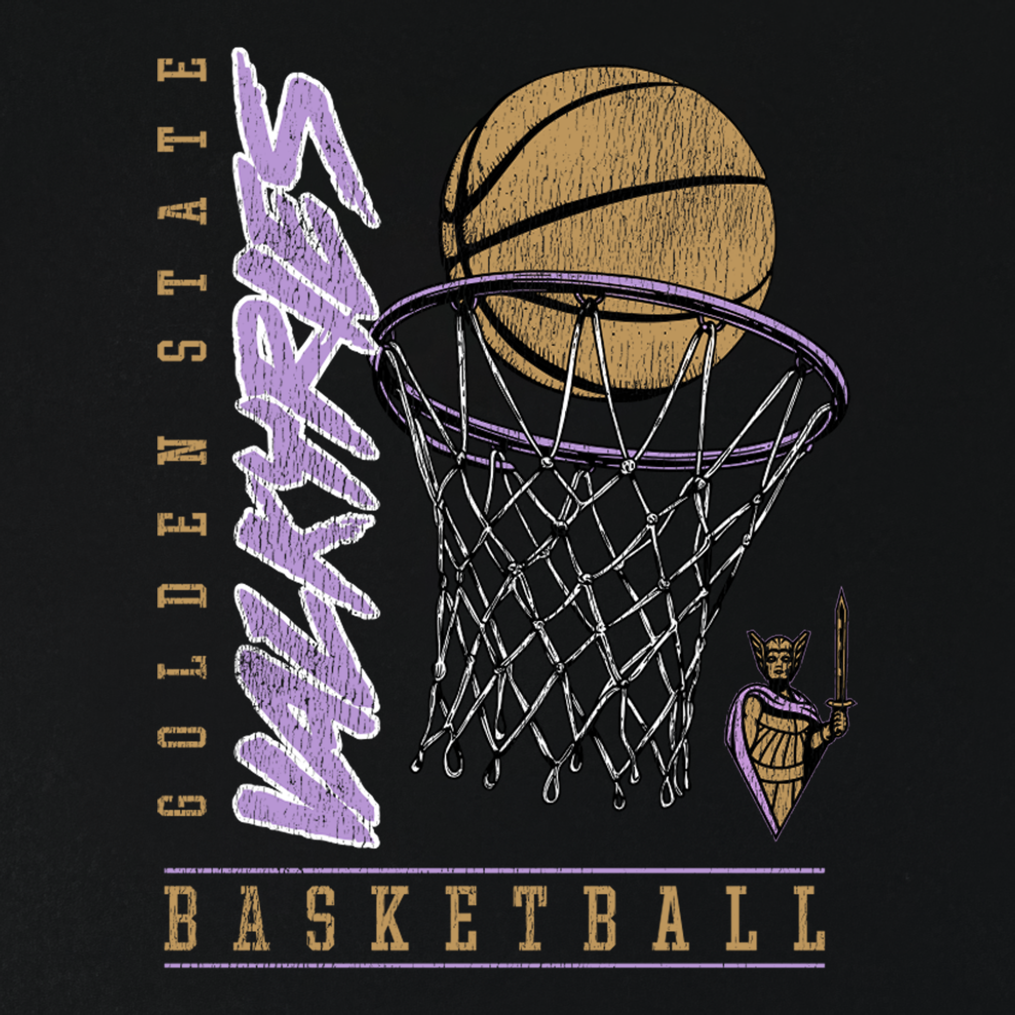 Show your team spirit with the GSV Swish Tee by GSV. This classic fit, 100% cotton t-shirt features an eye-catching illustration of a basketball swishing through a hoop, with “GOLDEN STATE VALKYRIES” displayed vertically and diagonally in bold gold and purple lettering. “BASKETBALL” appears below in gold, while a striking, purple-armored valkyrie holding a spear stands beside the hoop. Celebrate Golden State Valkyries pride and enjoy everyday comfort with this unique design.