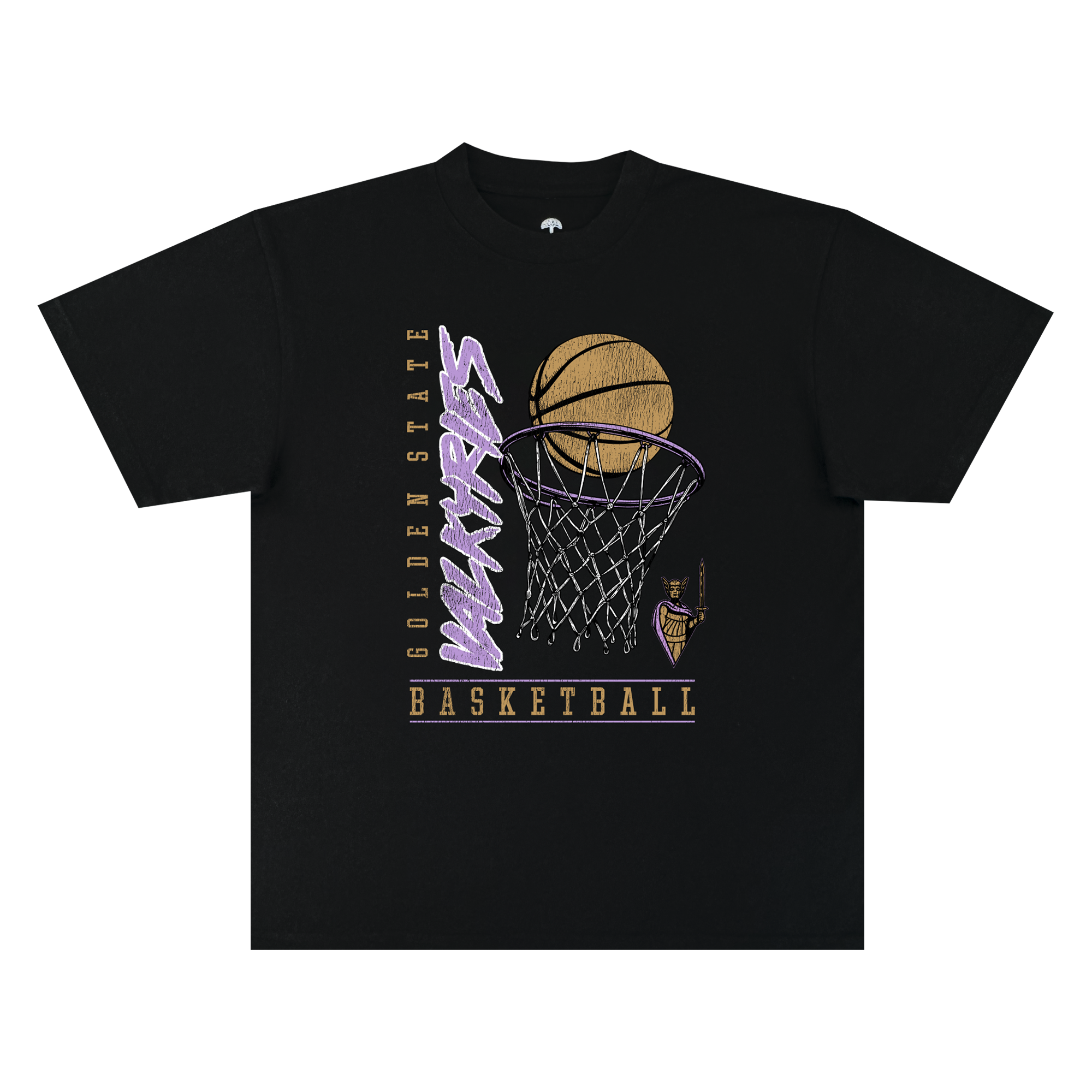 Introducing the GSV Swish Tee by GSV—a black, 100% cotton, classic fit t-shirt featuring a vintage-inspired graphic of a basketball soaring through a hoop. “Golden State Warriors” is displayed vertically and “BASKETBALL” horizontally in bold yellow and purple lettering, with a small Warriors logo positioned at the lower right of the hoop. Combining comfort with timeless style, this tee is perfect for fans of the Golden State Valkyries as well as Warriors supporters alike.