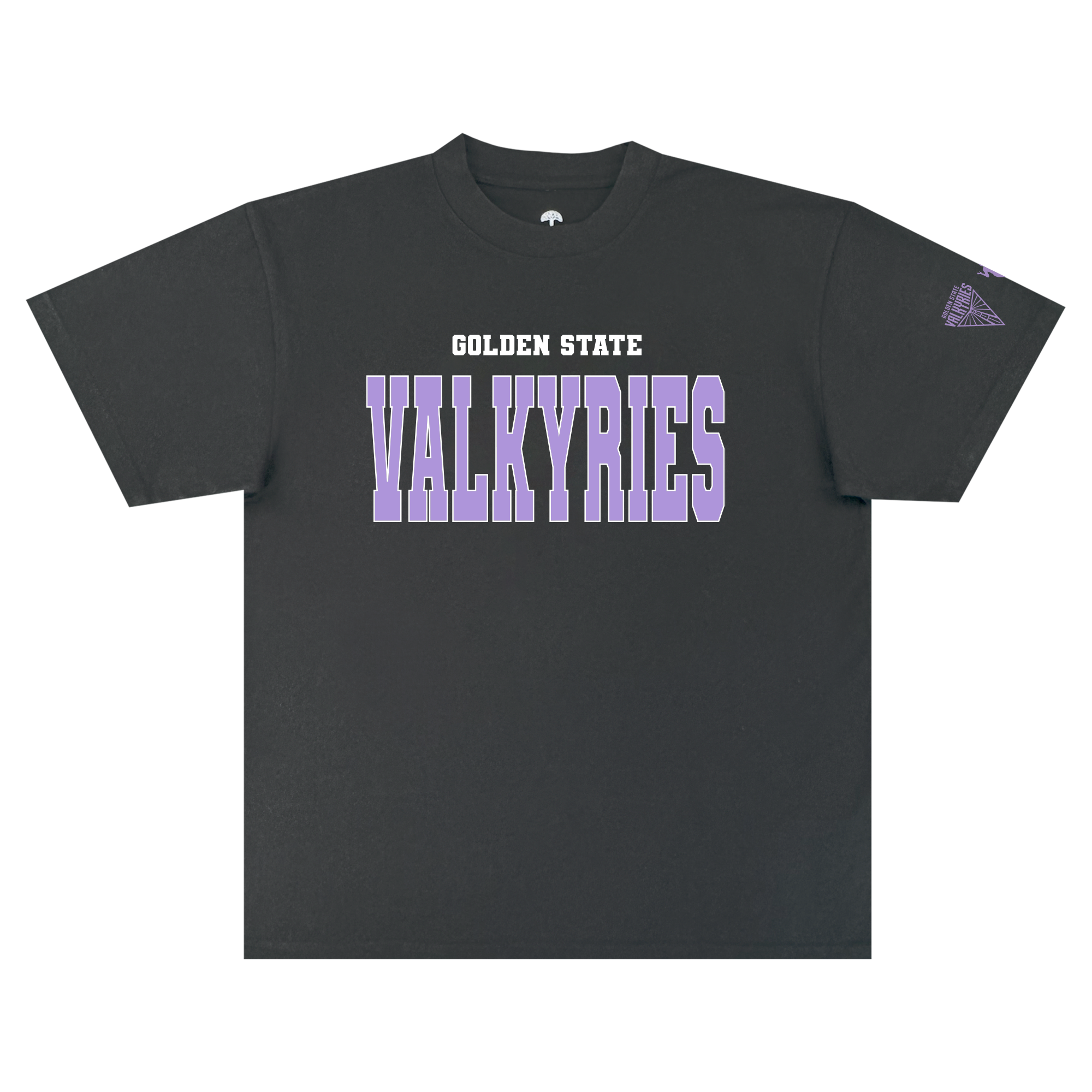 The GSV Varsity Tee by GSV is a classic fit, 100% cotton black t-shirt featuring “GOLDEN STATE” in white above bold purple “VALKYRIES” block letters across the chest. A small purple triangle logo appears on the left sleeve, standing out against the plain white background.