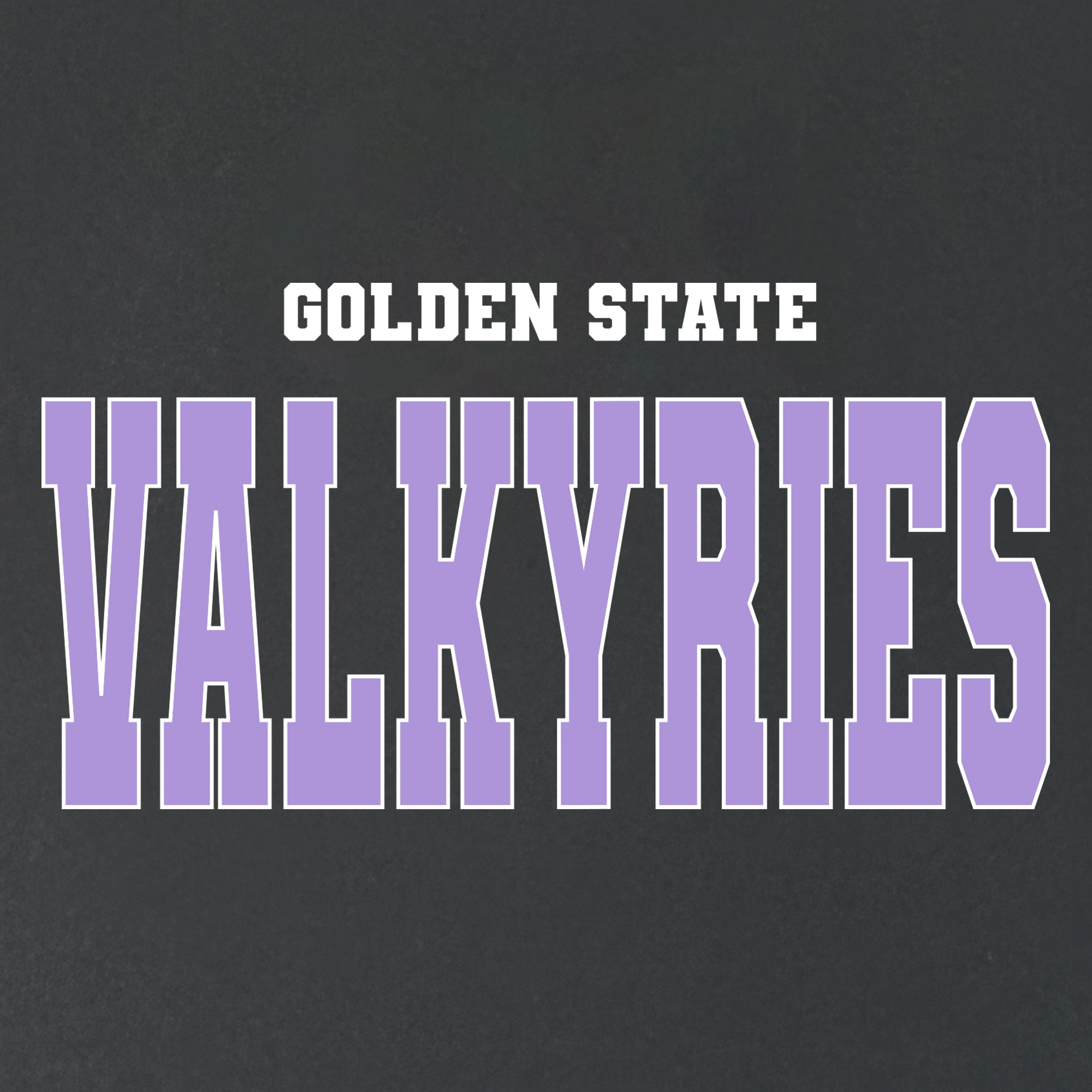 Text on a dark background reads “GOLDEN STATE” in bold white letters above “VALKYRIES” in large, bold, purple capital letters outlined in white—perfectly capturing the spirit of the Golden State Valkyries. The GSV Varsity Tee by GSV features a classic fit and is crafted from 100% cotton for all-day comfort and style.