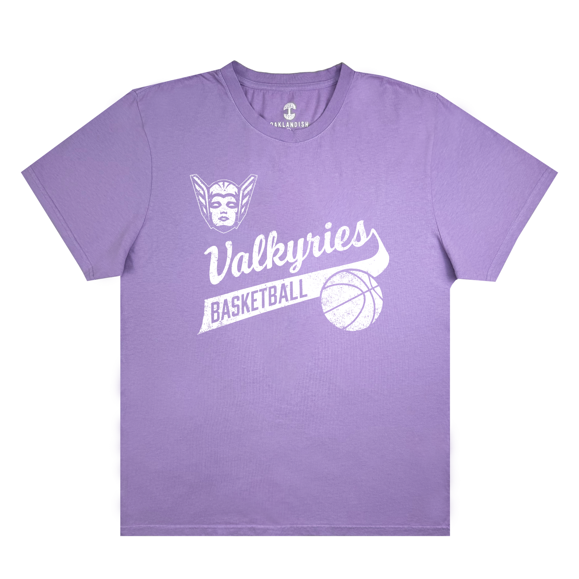 The GSV Vintage Tee by GSV is a classic fit, 100% cotton t-shirt in lavender, featuring a stylized Valkyrie face, the word “Valkyries” in script, “BASKETBALL” in block letters beneath, and a white basketball graphic—all inspired by the Golden State Valkyries.
