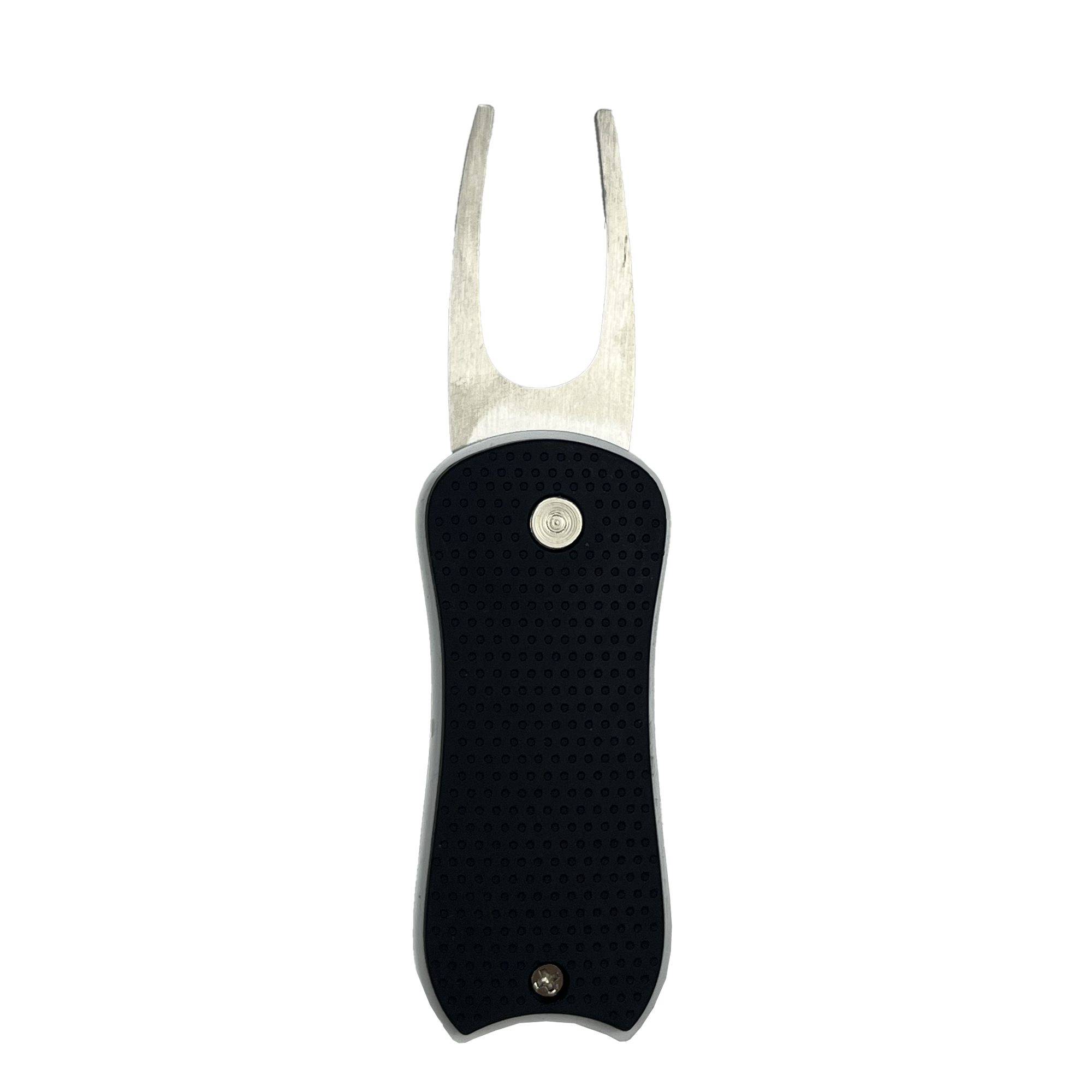 The Heritage Divot Tool, crafted by Oakland Roots SC, is a silver golf divot repair tool with a textured black handle. This ergonomically designed accessory is perfect for Oakland Roots fans and features a two-pronged fork at the top along with a circular metal button midway for an easy grip.