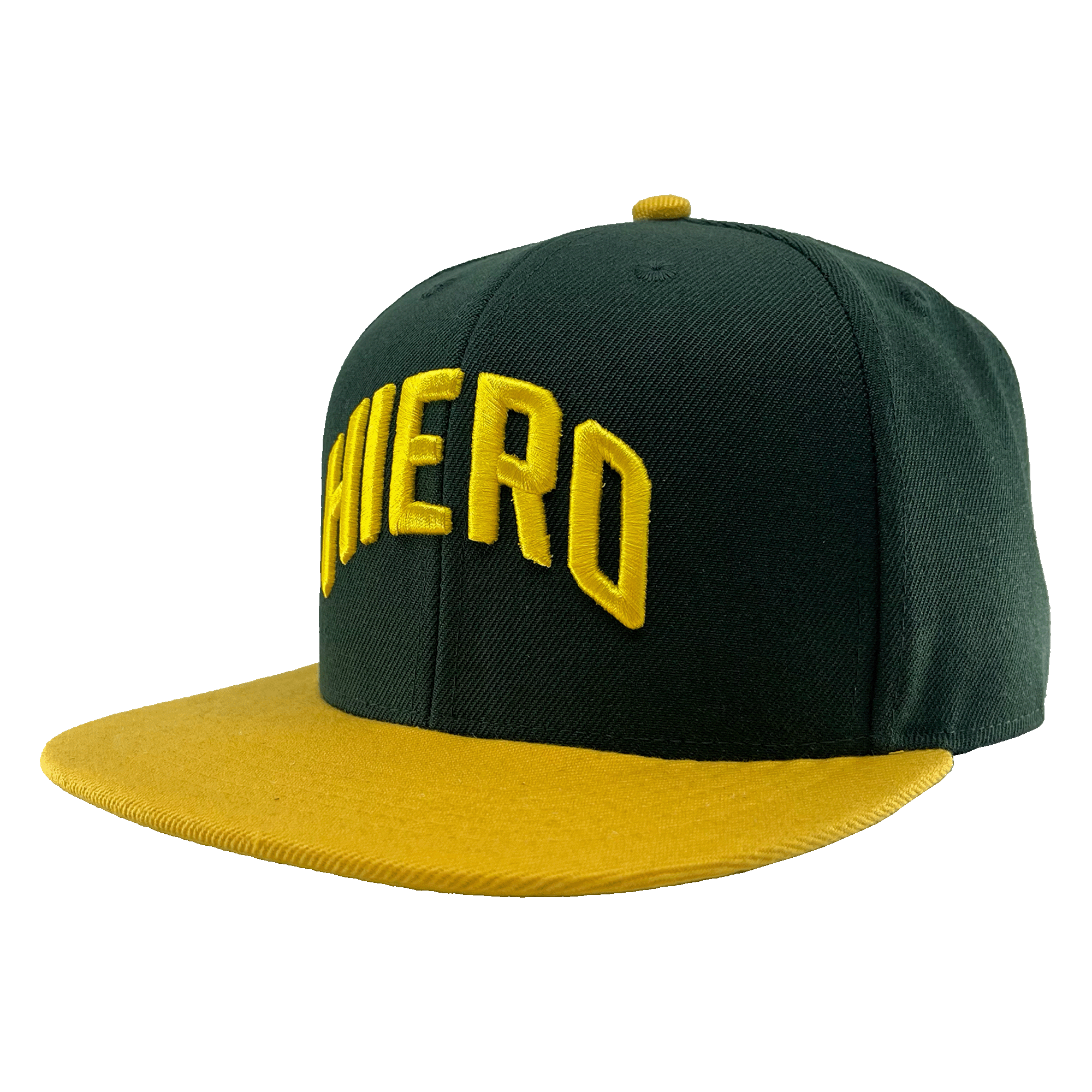 The green snapback cap with a yellow flat-billed visor and an embroidered HIERO wordmark on the crown.
