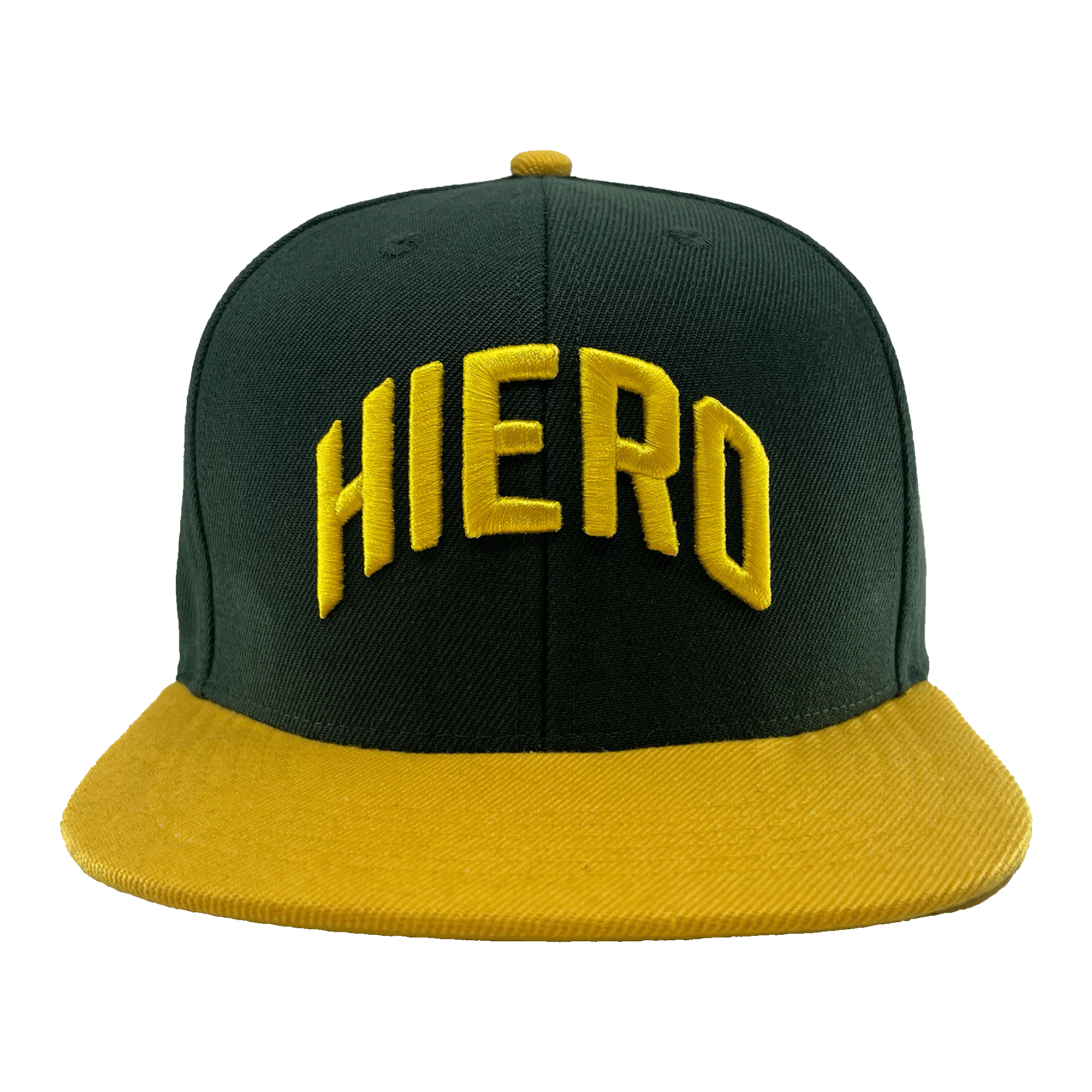 Front view green snapback cap with a yellow flat-billed visor and an embroidered HIERO wordmark on the crown.