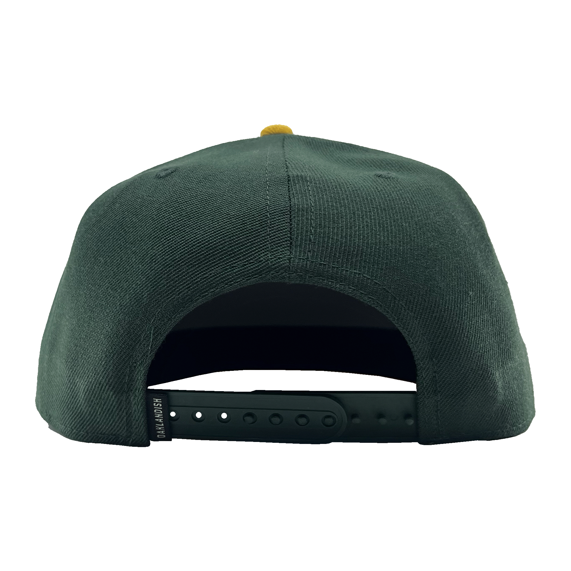 Back view of green snapback cap with Oaklandish wordmark tag.
