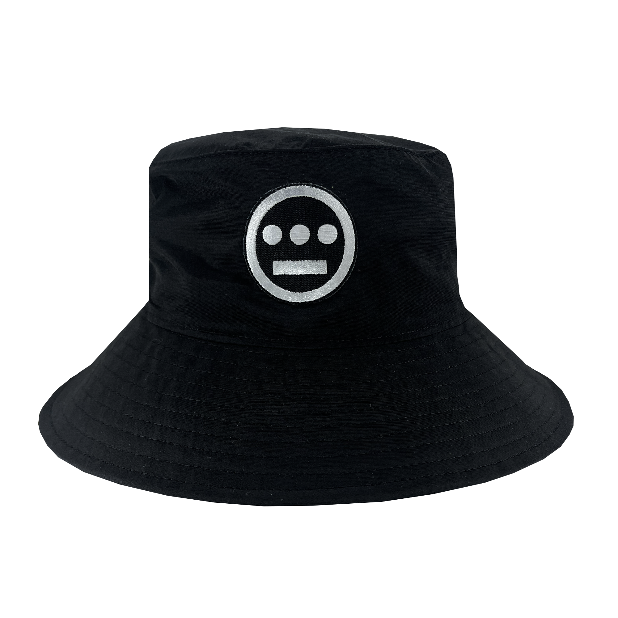 Wide brim black bucket hat with toggles and Hiero logo patch .
