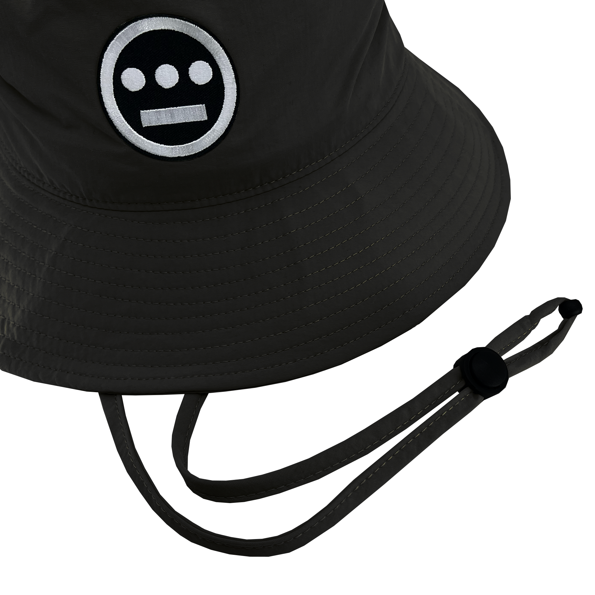 Detailed view of wide brim black bucket hat with toggles and Hiero logo patch .