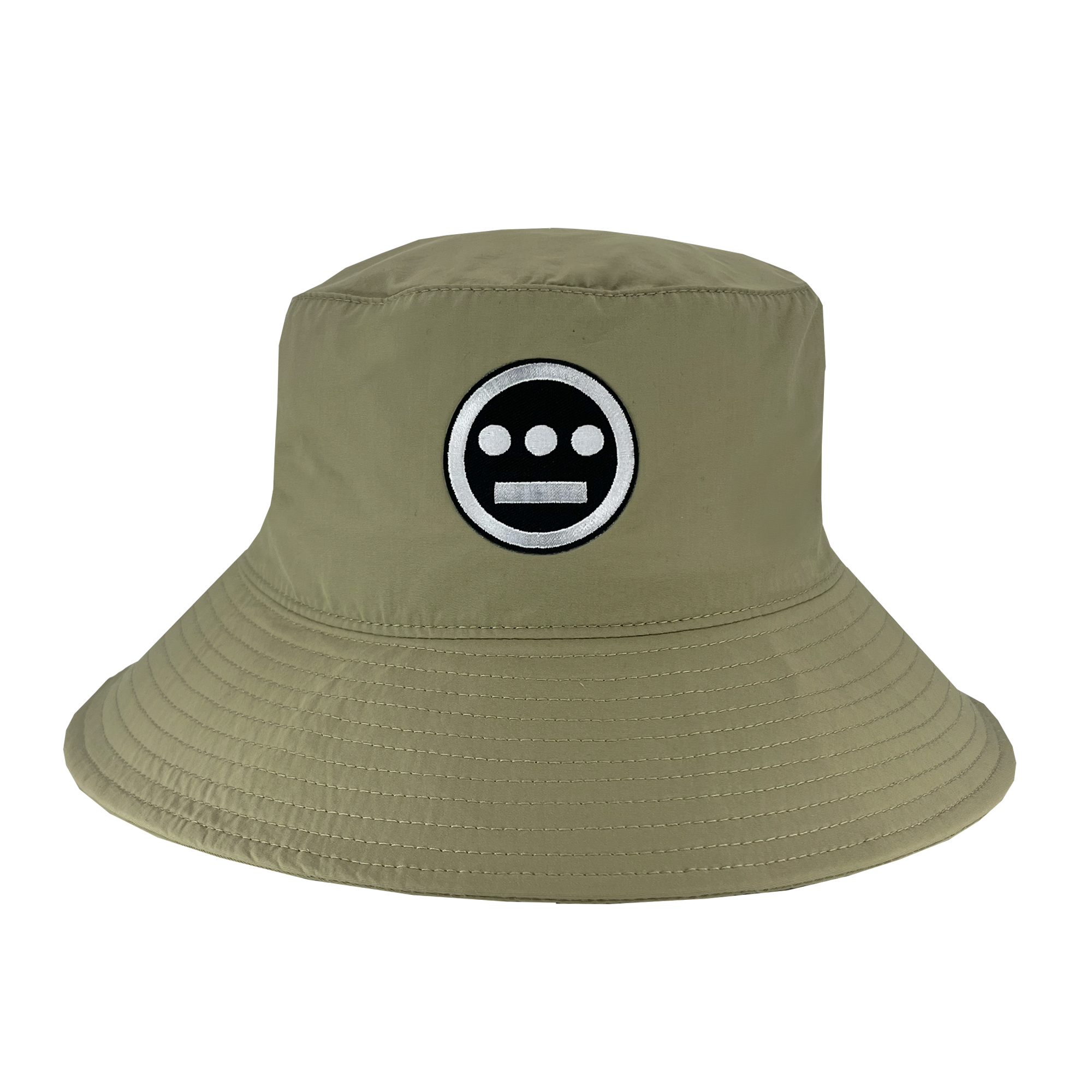Wide brim khaki bucket hat with toggles and Hiero logo patch .