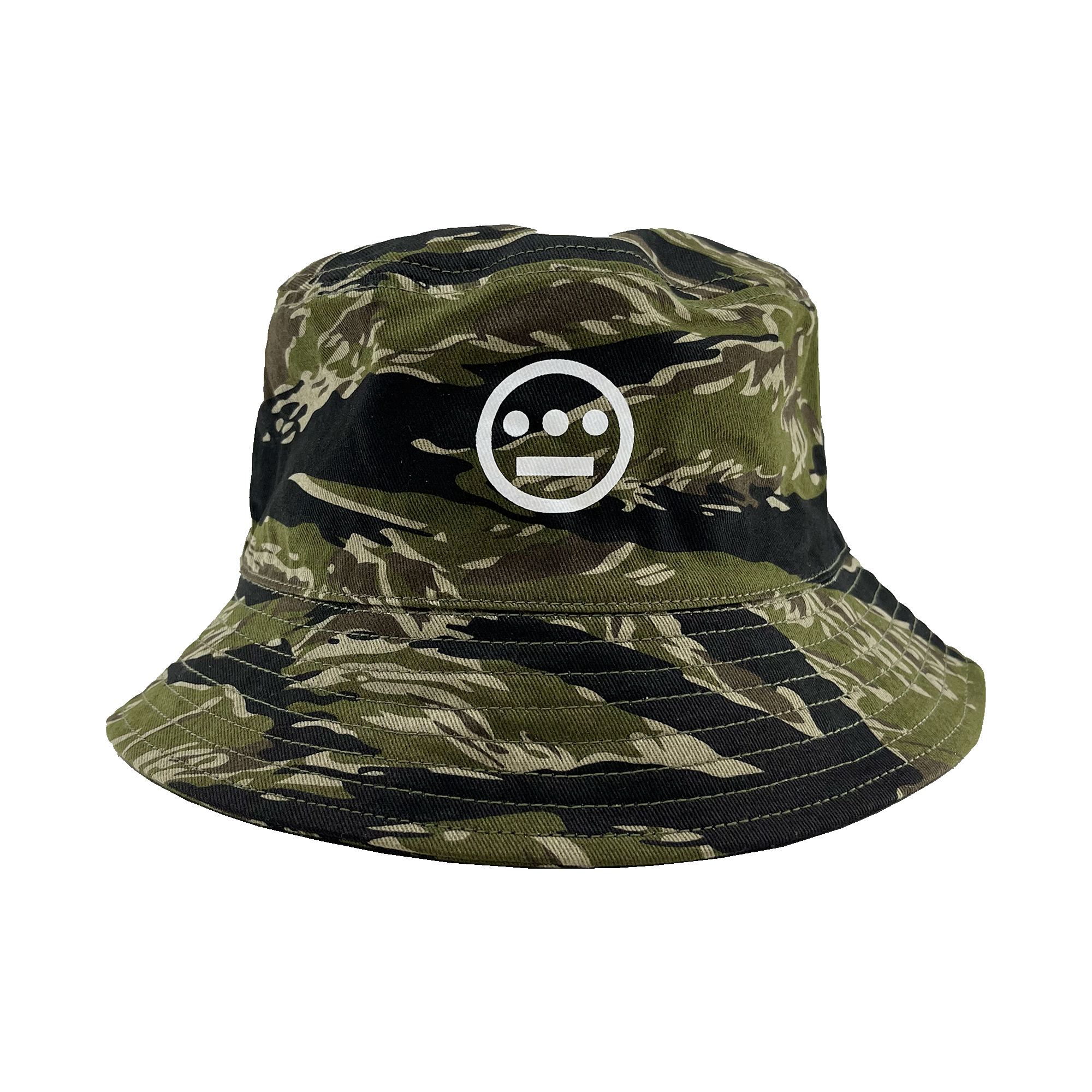 Green camouflage bucket hat with a white Hieroglyphics Hip Hop Crew logo on the front crown. 