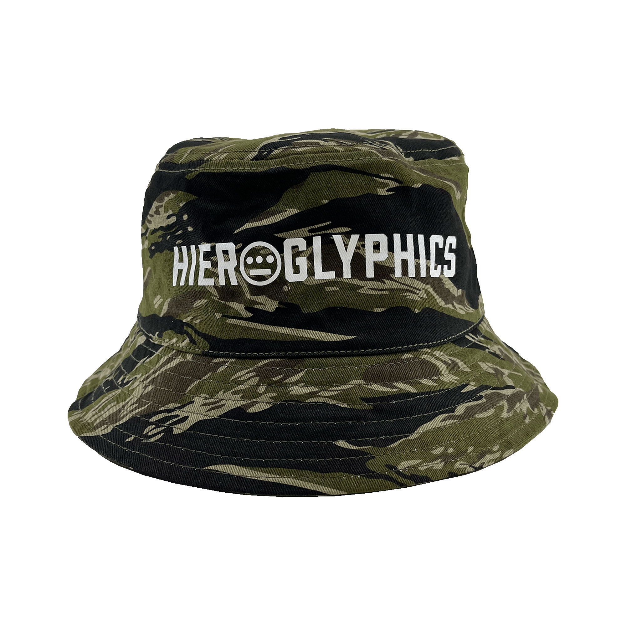 Green camouflage bucket hat with a large white Hieroglyphics Hip Hop Crew wordmark with logo on the front crown. 