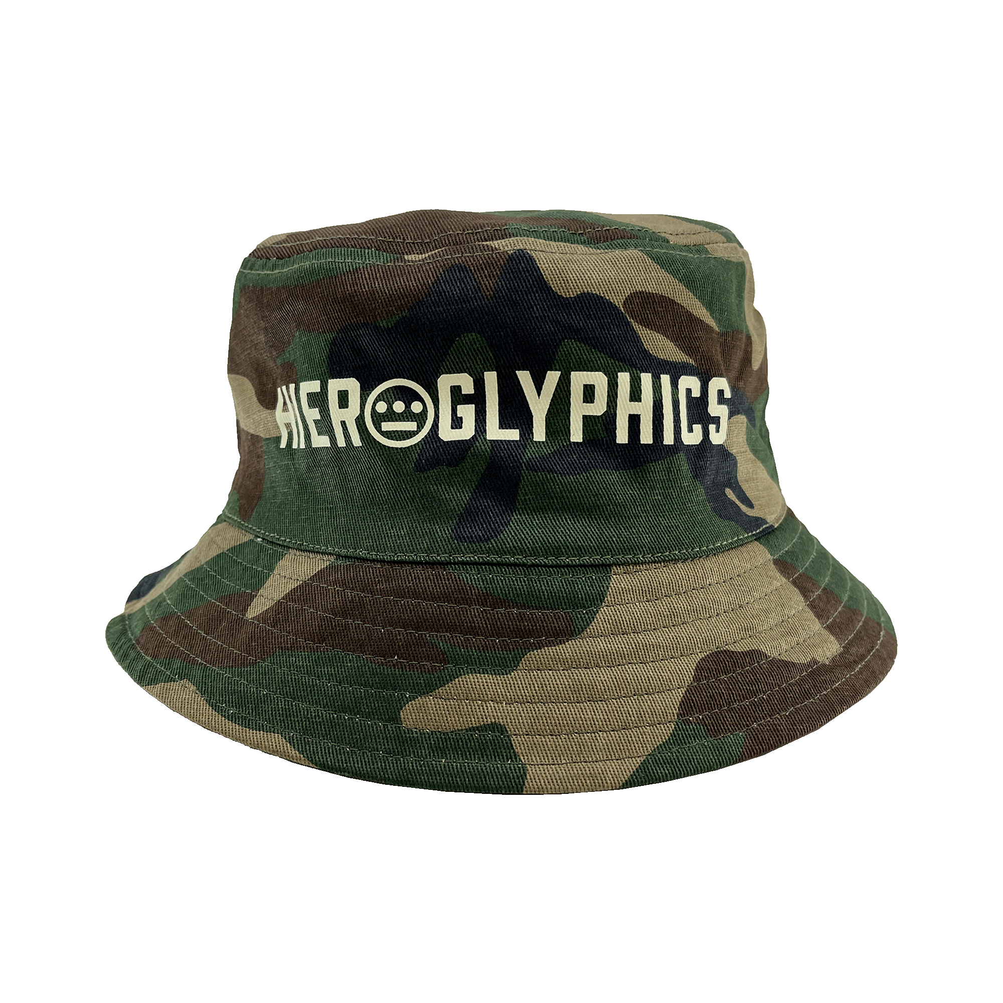 Woodland Camo bucket hat with large Hieroglyphics Hip Hop Crew wordmark with logo on the front crown. 