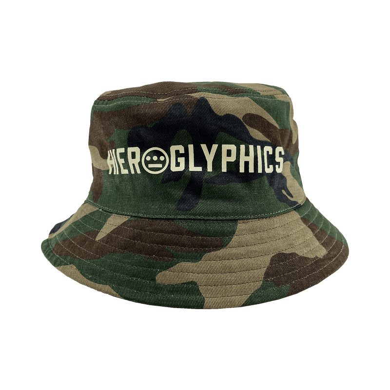 Woodland Camo bucket hat with large Hieroglyphics Hip Hop Crew wordmark with logo on the front crown. 