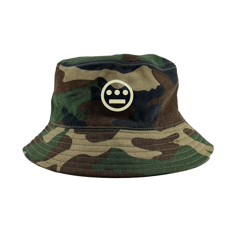Woodland Camo bucket hat with Hieroglyphics Hip Hop Crew logo on the front crown. 