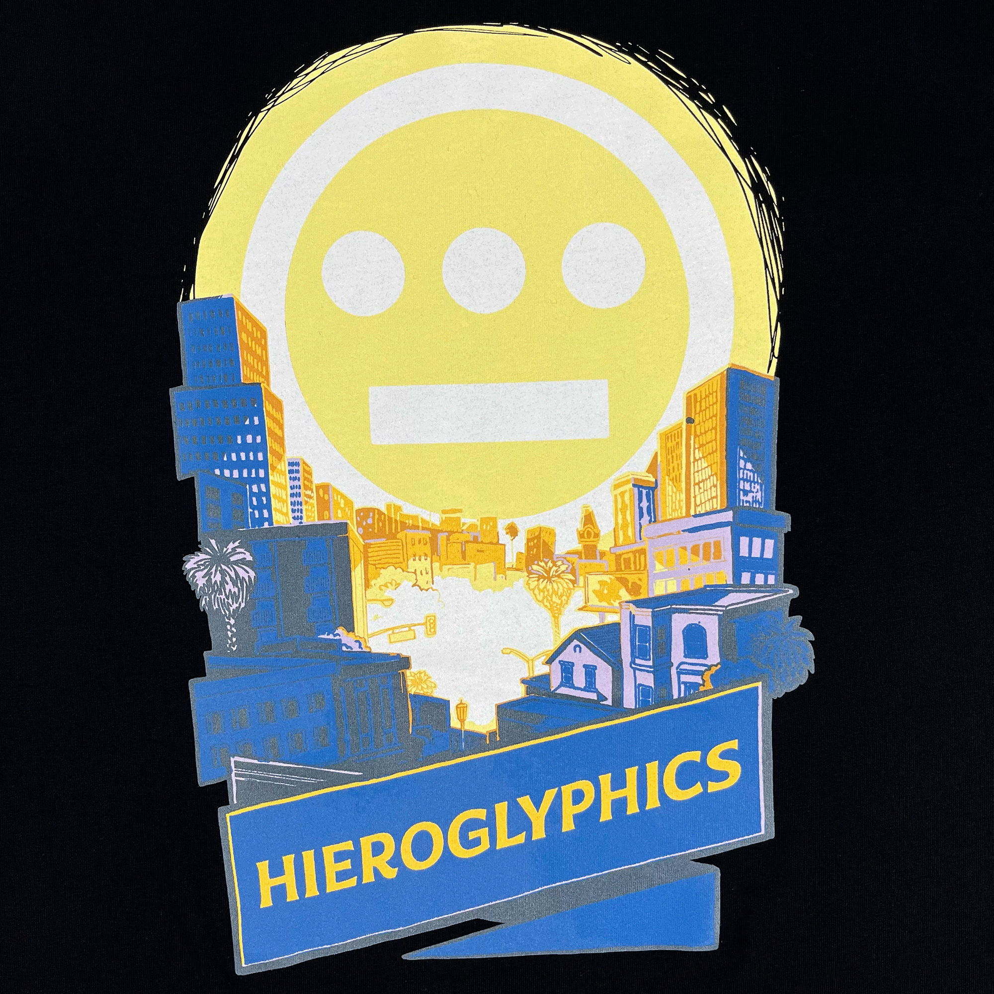 Detailed close-up of Hiero Valley, Hieroglyphics Hip Hop Graphic on the front chest of a black t-shirt.