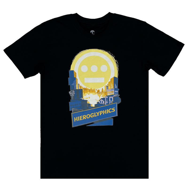 Front view of a black t-shirt with Hiero Valley, Hieroglyphics Hip Hop Graphic on the front chest.