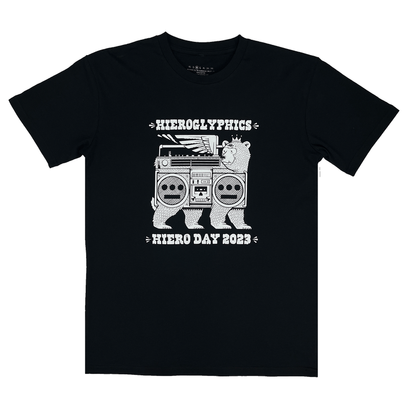 Black t-shirt with white Hieroglyphics Hiero Day 2023 graphic.