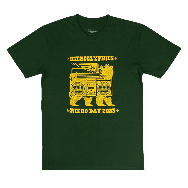 Green t-shirt with yellow Hieroglyphics Hiero Day 2023 graphic on the front chest.
