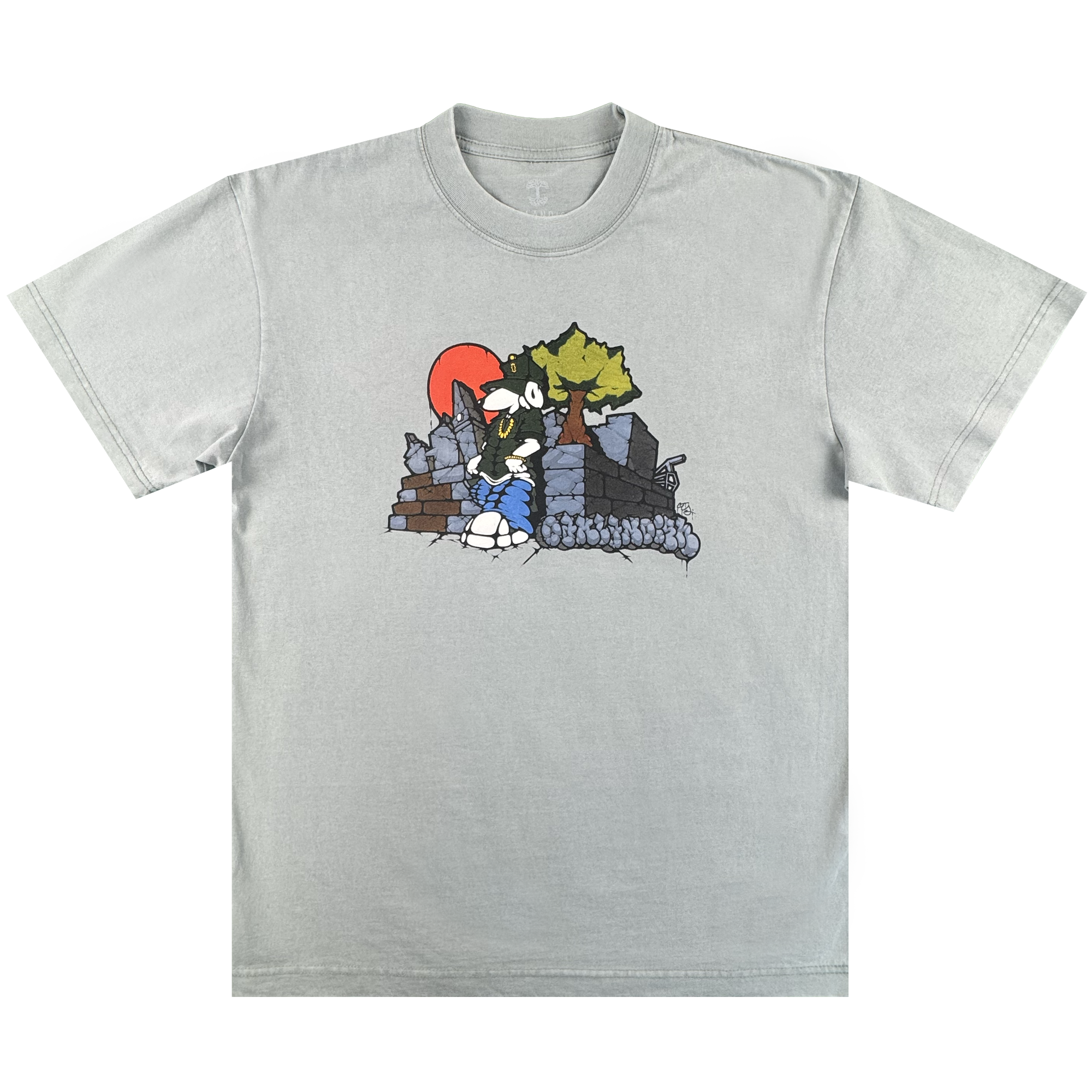 The Oaklandish Highroller Tee is a vintage grey heavy-weight cotton shirt with a cartoon-style black-and-white wolf by ruins and a tree, set against an orange-red sun. The classic fit design is centered on the chest for a timeless look.