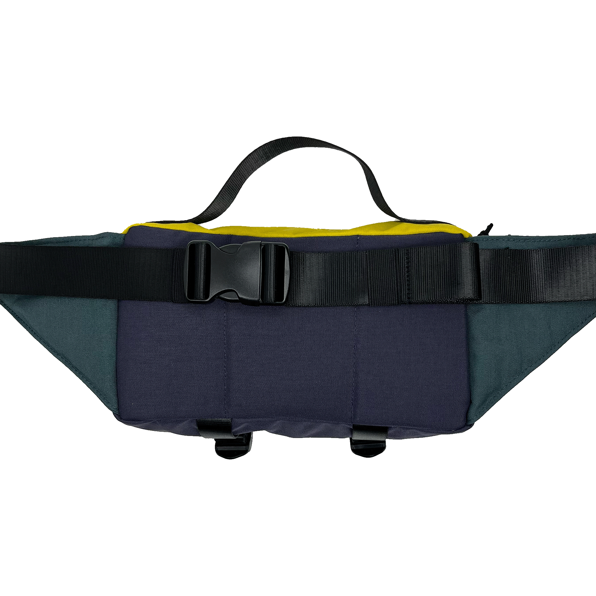 The backside of an Oakladish cross-body bag reveals color-blocked padding and a large hip belt with a durable clip.