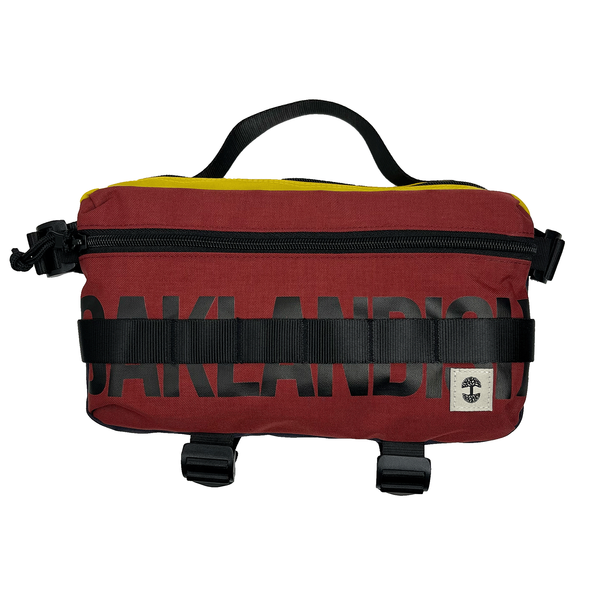 Front view of a red and yellow color-blocked cross-body bag with front zipper and large black Oaklandish wordmark.