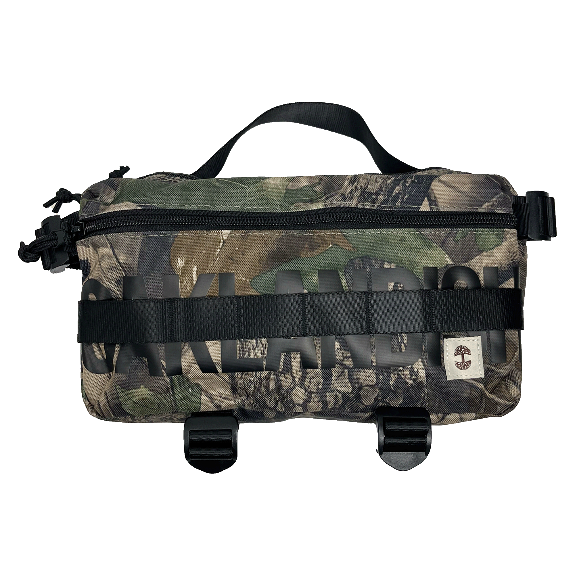 Front view of a camo pattern cross-body bag with front zipper and large black Oakladish wordmark and logo patch.
