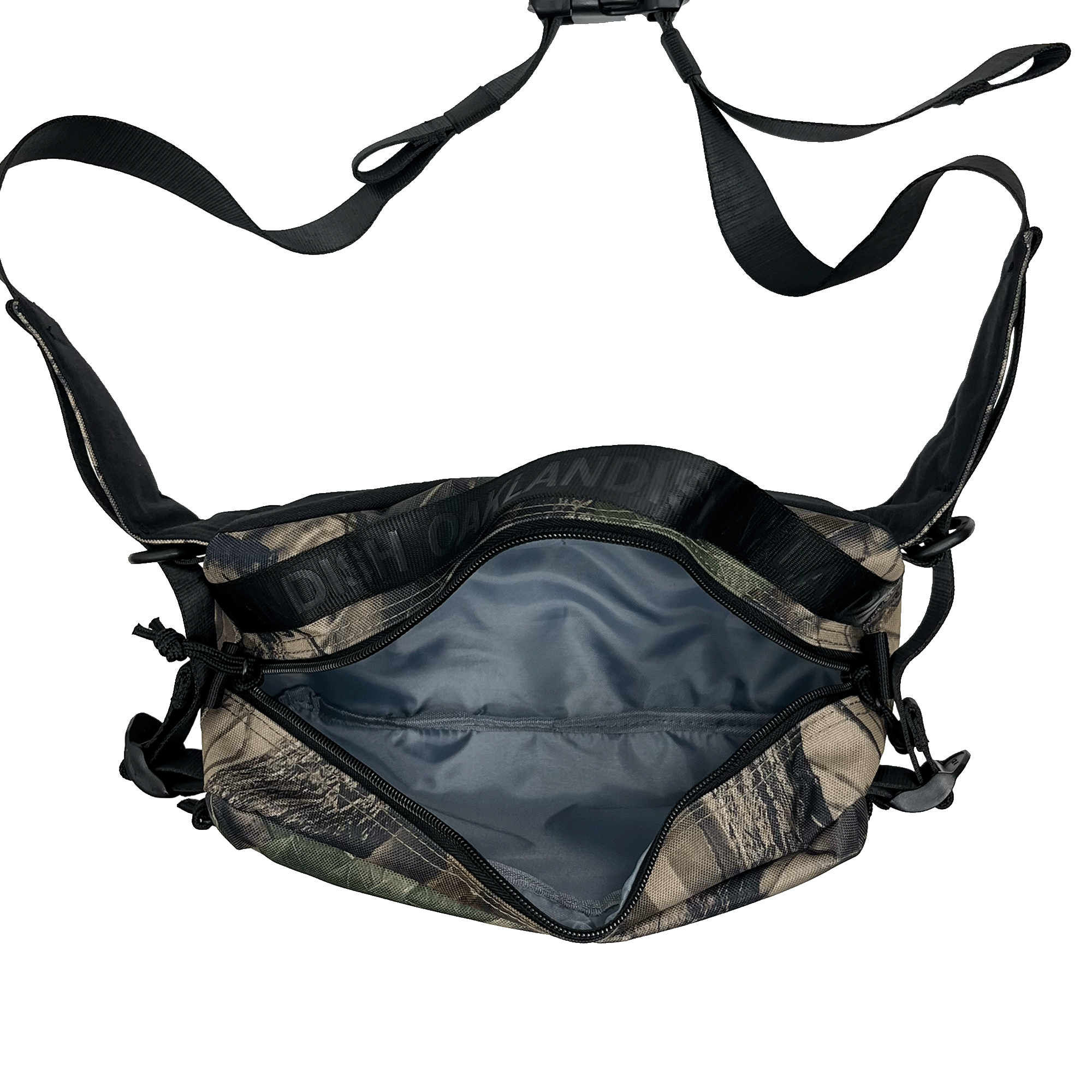 Top view of camo patterned cross-body bag with open zipper to reveal nylon lined insides.