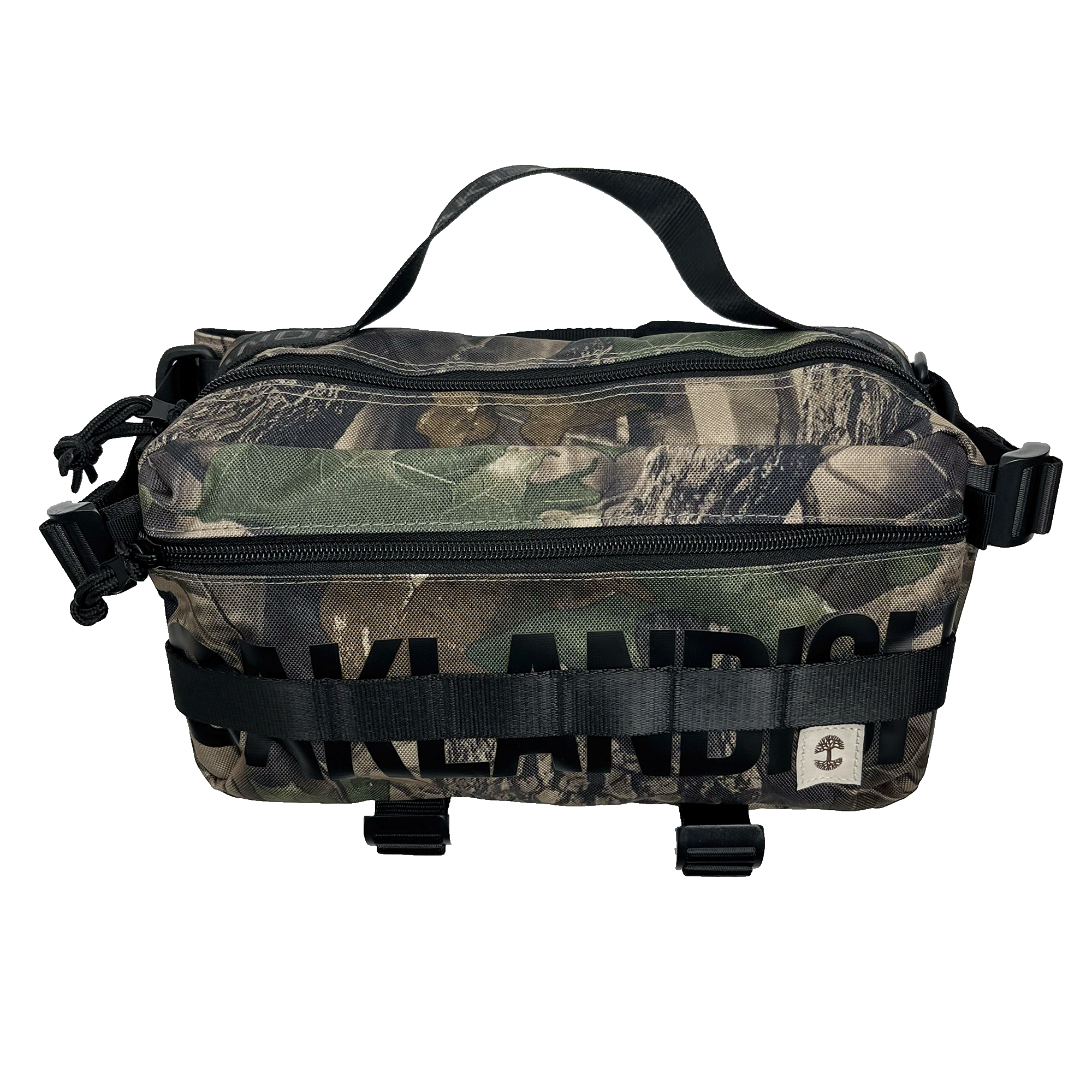 Front view of a camo patterned cross-body bag with front zipper, large black Oaklandish wordmark, and top handle.