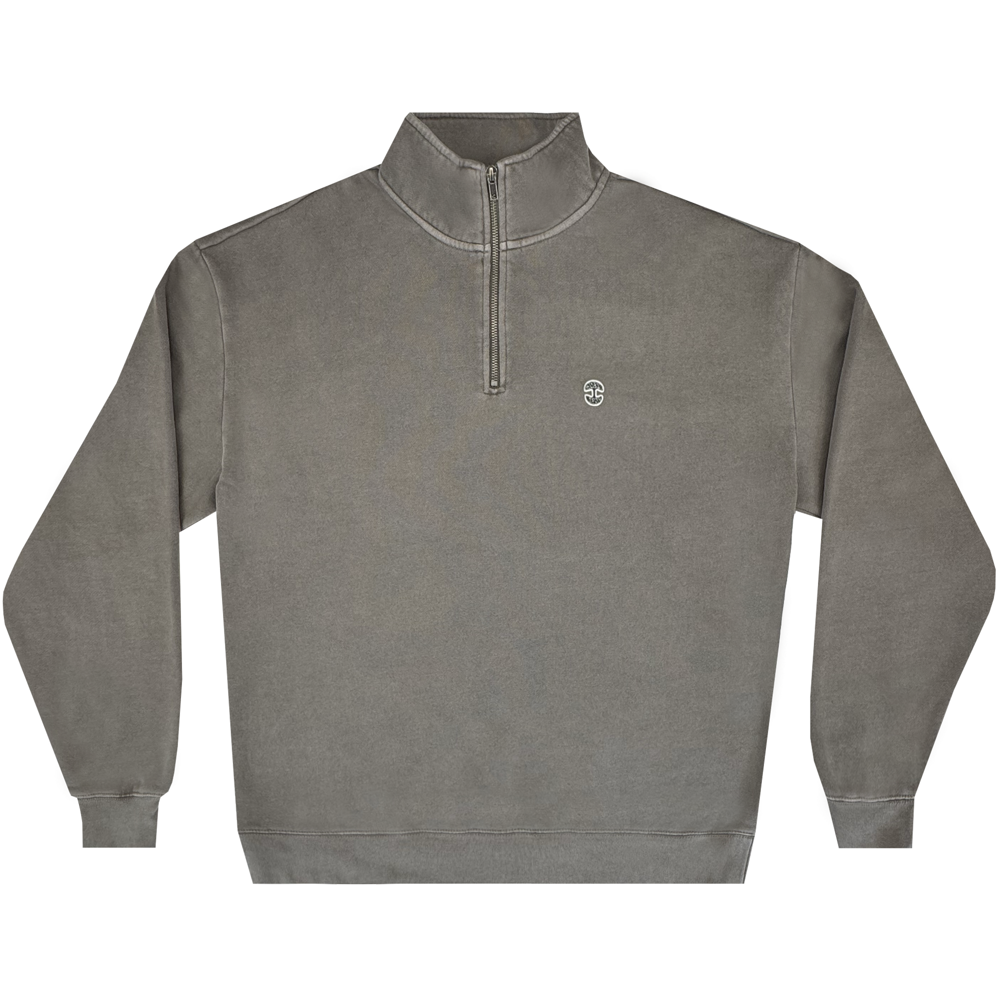 The Oaklandish Hojicha 1/4 Zip is a faded gray men's fleece pullover with garment dye, high collar, ribbed cuffs and hem, and a small white embroidered "SC" logo on the left chest. Shown mid-weight against a plain white background.