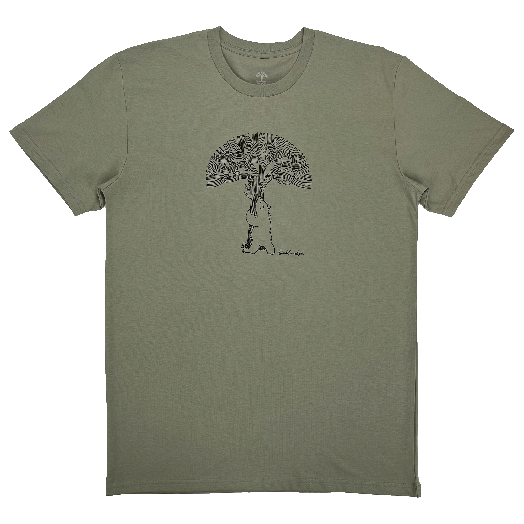 Eucalyptus green t-shirt with line graphic of a bear hugging a tree representing Oaklandish with Oaklandish wordmark.