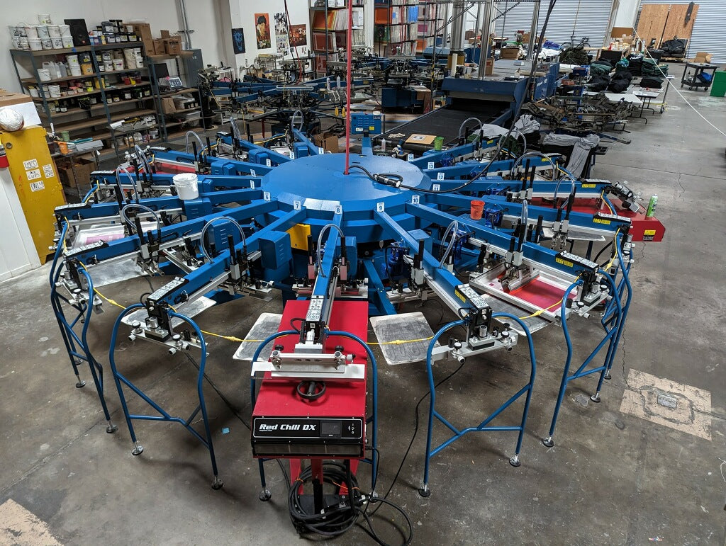 Color photo of an automatic screen printing machine inside our warehouse.