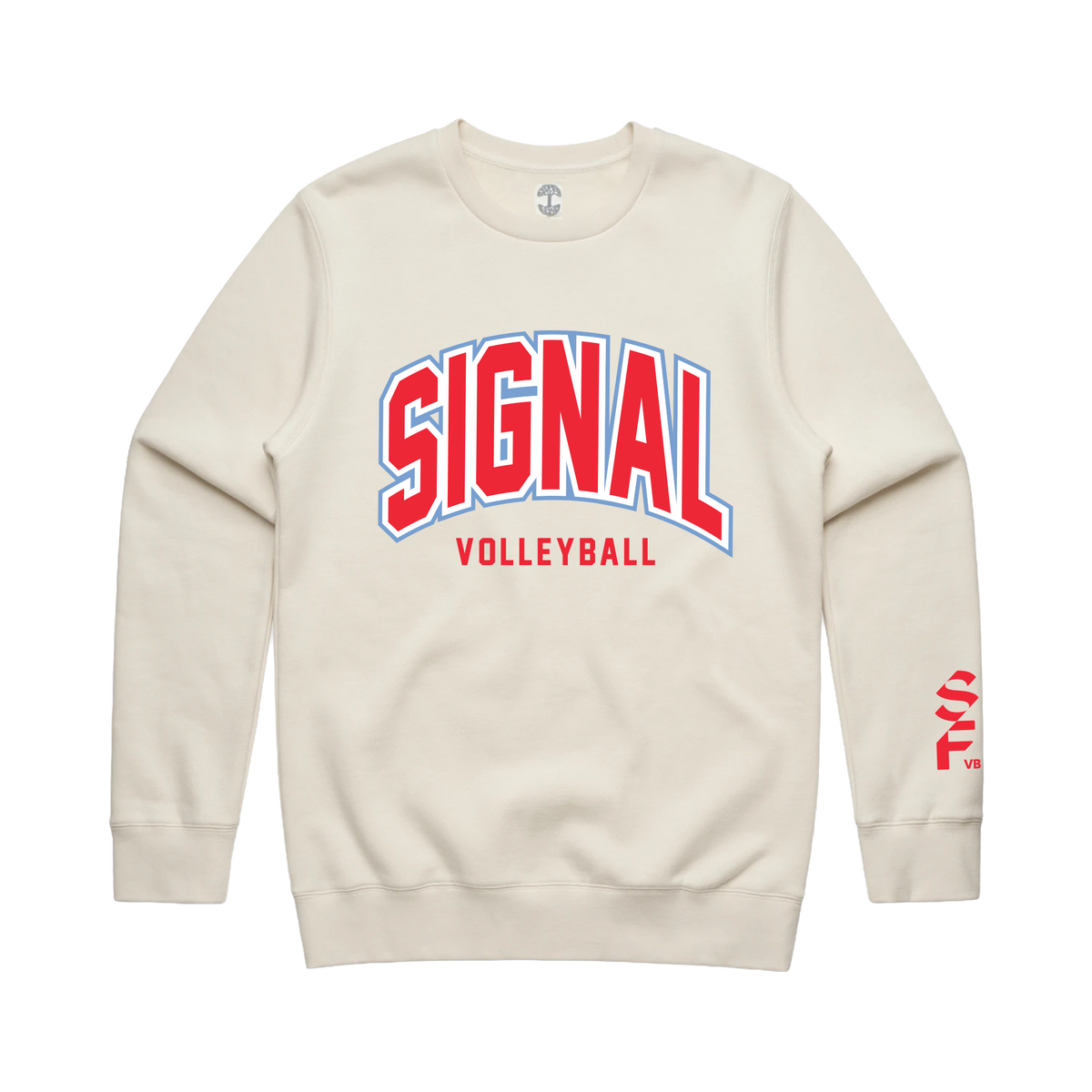 This cream-colored Impact Crew sweatshirt features “SIGNAL” in arched, red block letters with a light blue outline above “VOLLEYBALL” in smaller red text, with a red stacked “SF” logo and “VB” printed on the lower left sleeve.