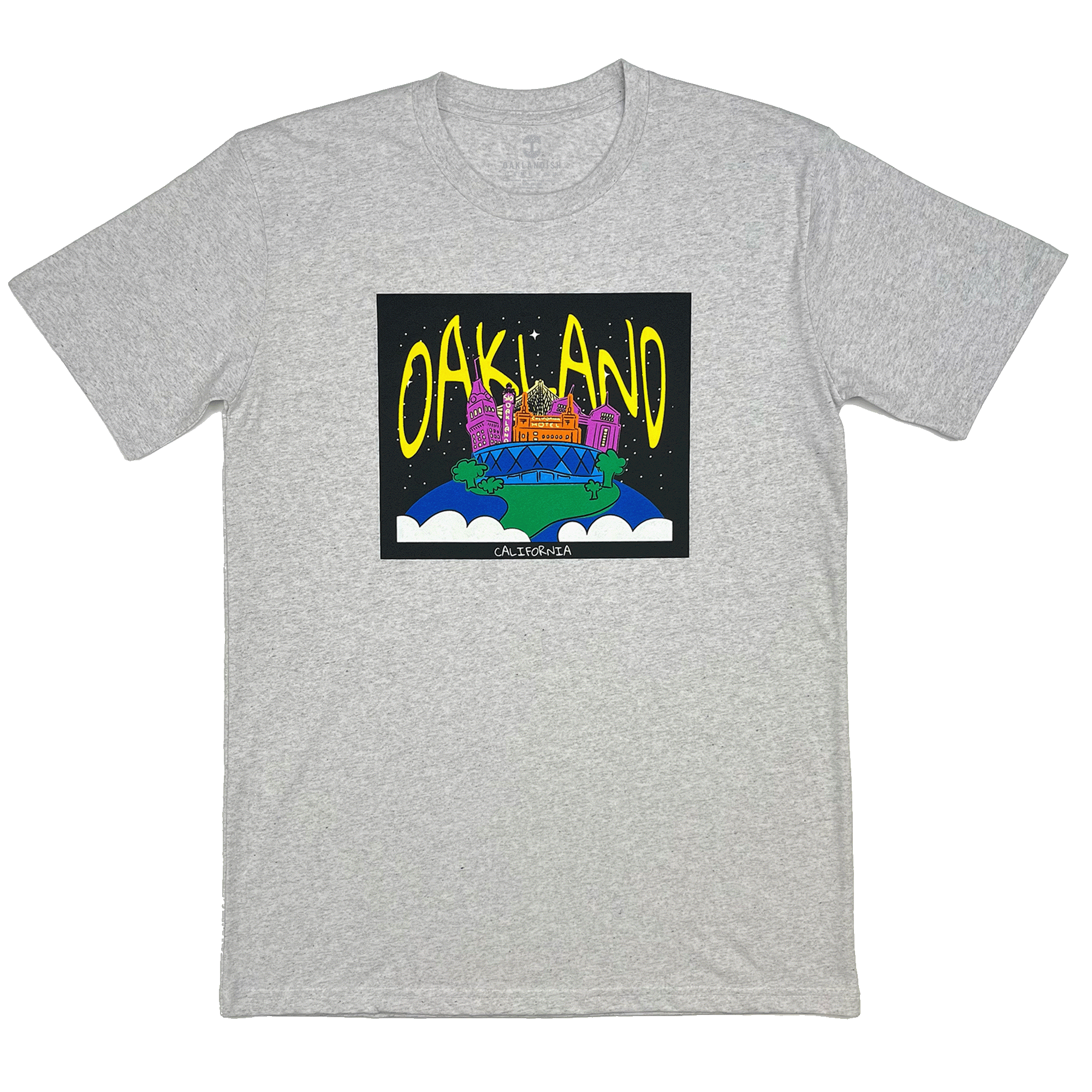 Ash grey cotton t-shirt with Oakland graphic of landmarks.