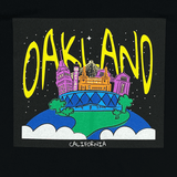 Close-up of graphic depicting Oakland places depicted as full-color celestial spaces on a black t-shirt.