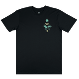 The front side of a black t-shirt with small Oakland International graphic and Oaklandish tree logo on the upper chest.