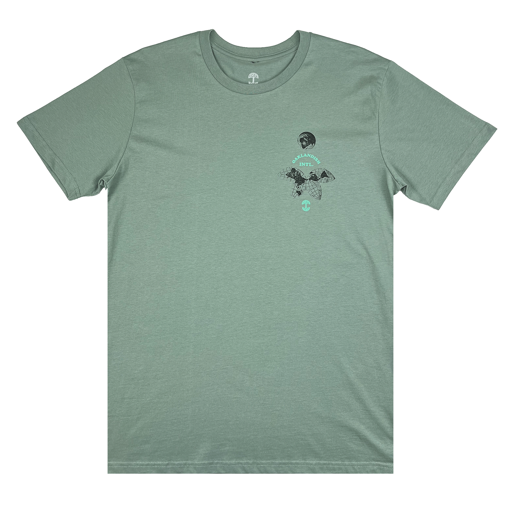 The front side of a sage green t-shirt with a small Oakland International graphic and Oaklandish tree logo on the upper chest.