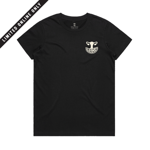Women’s black tee with white Isha logo on right chest wear side, celebrating women’s reproductive rights with limited-edition banner.