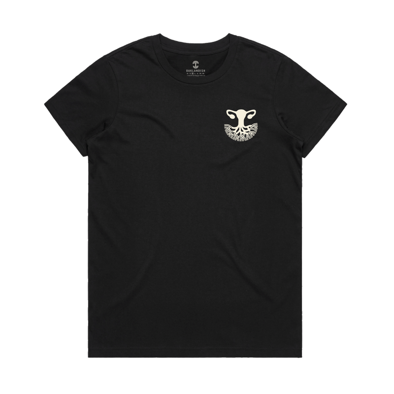 Women’s black tee with white Isha logo on right chest wear side, celebrating women’s reproductive rights.