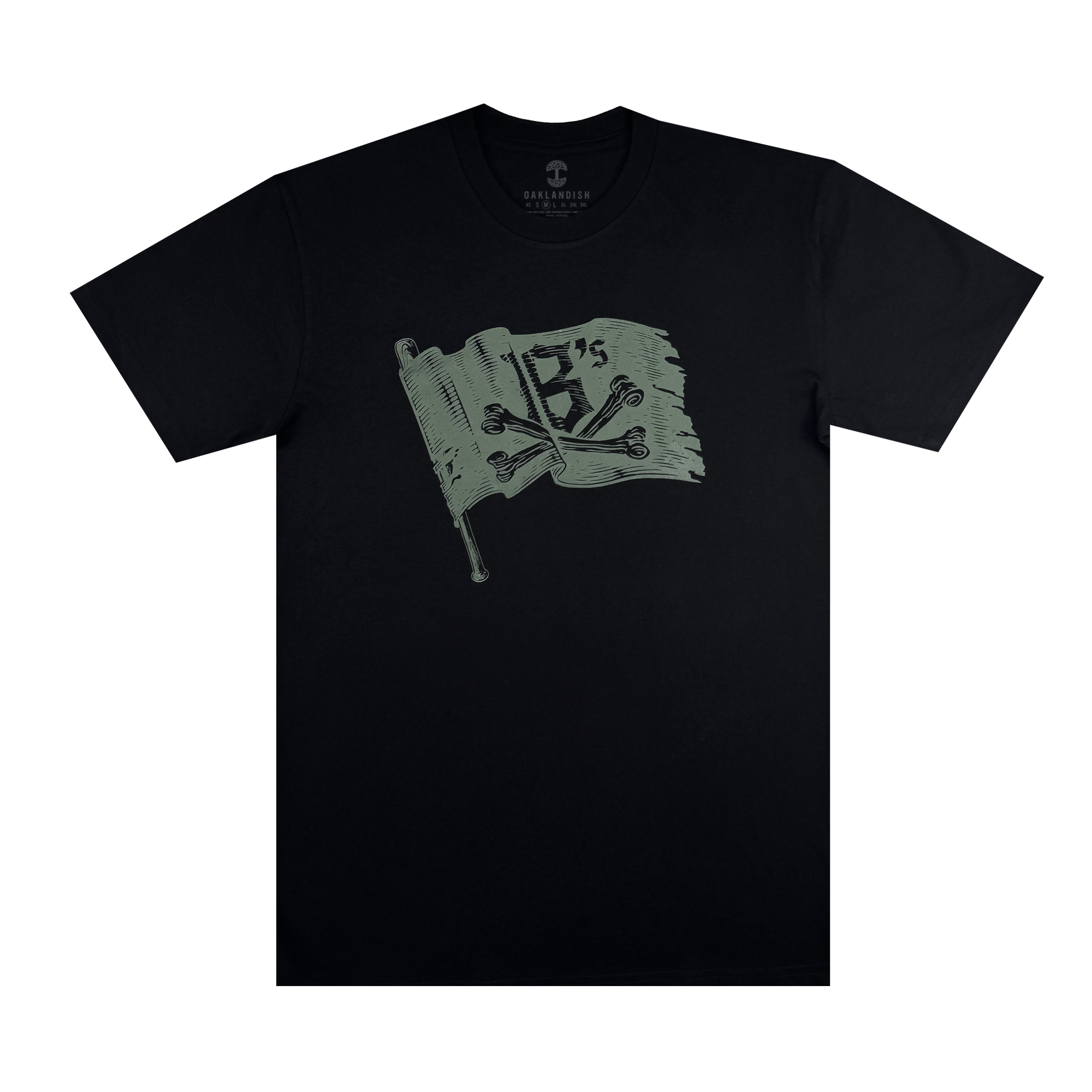 The Jolly Roger Tee by Oakland Ballers is a black shirt with a vintage, faded gray distressed flag graphic featuring a bold "E," two crossed wrenches, and "E's" above them.