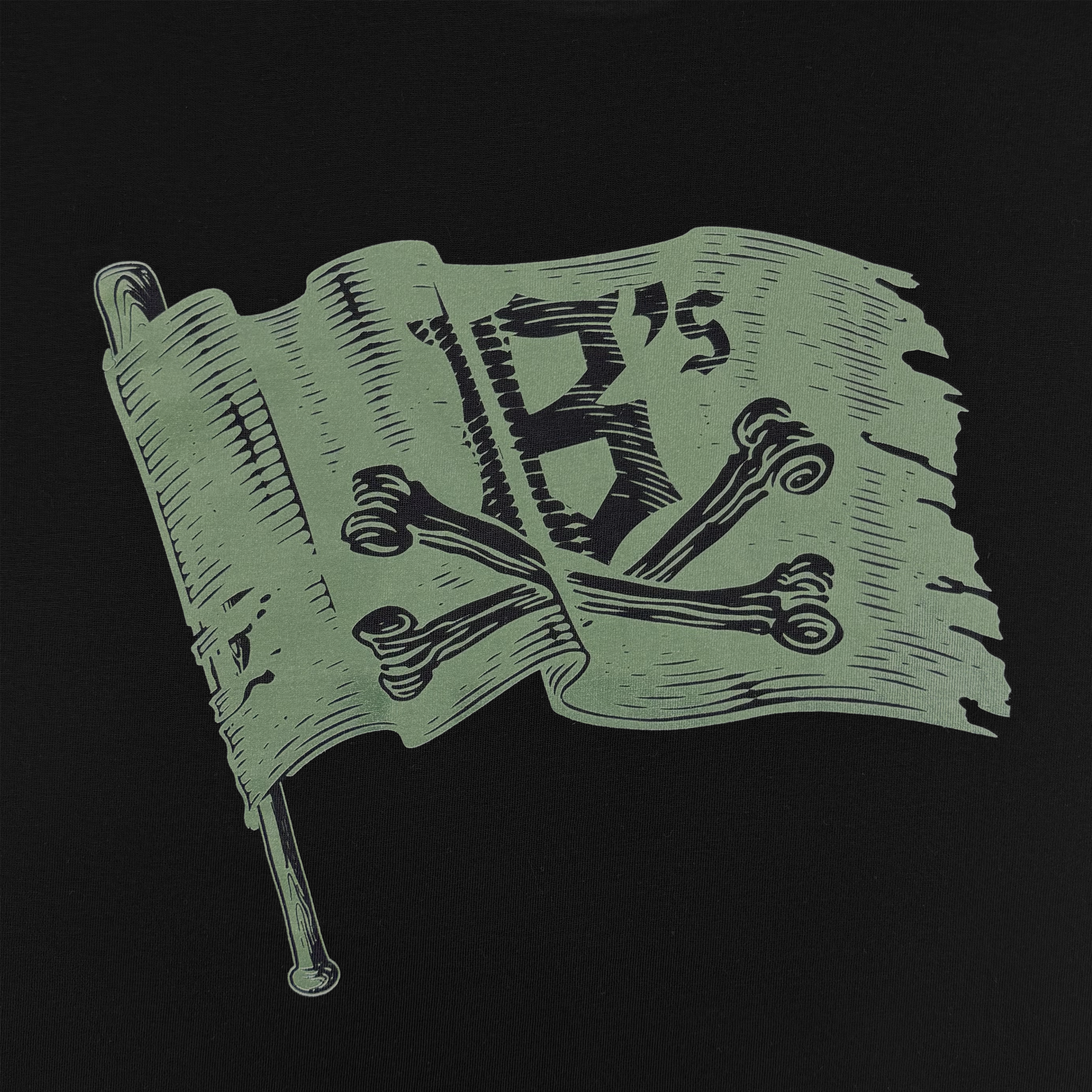 The Jolly Roger Tee by Oakland Ballers features a worn green flag with a bold “B’s” and crossed bones on black, capturing the rebellious spirit of Oakland’s newest Pioneer League baseball team.