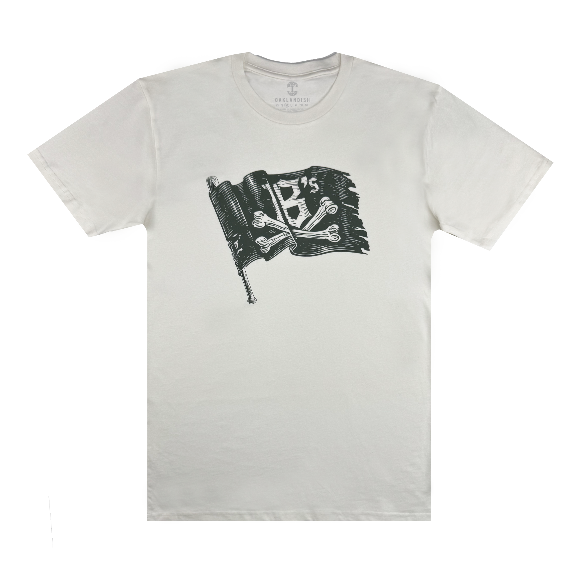 The Oakland Ballers Jolly Roger Tee is a white crew neck featuring a black and white graphic of a tattered pirate flag with skull and crossed wrenches, printed on the chest.