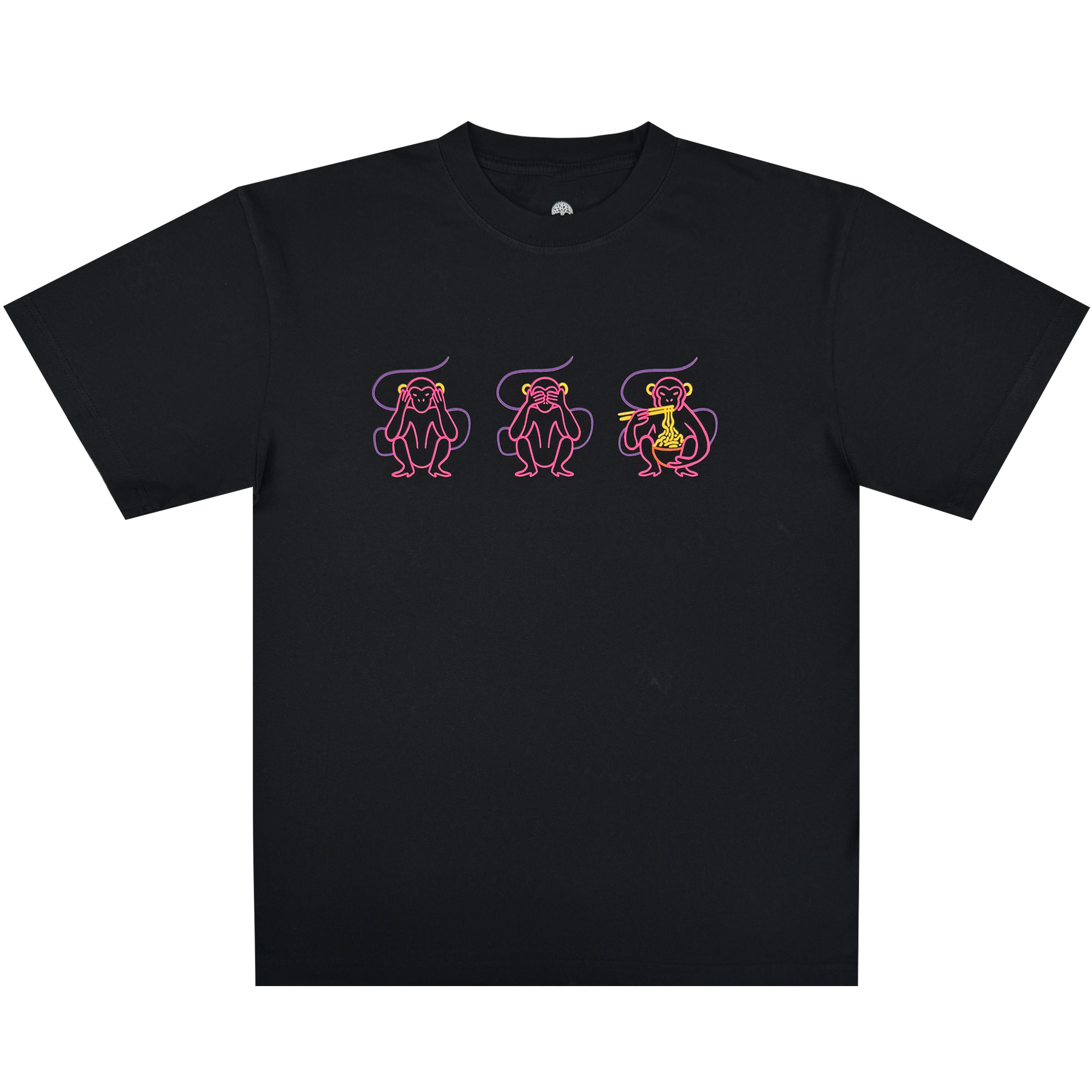 The Jo's Modern Thai X Oaklandish Tee by Oaklandish is a black classic-fit shirt with three neon-outlined monkeys—two in pink, one pink-and-yellow eating a banana—all with curved tails overhead. A playful collaborative statement piece.