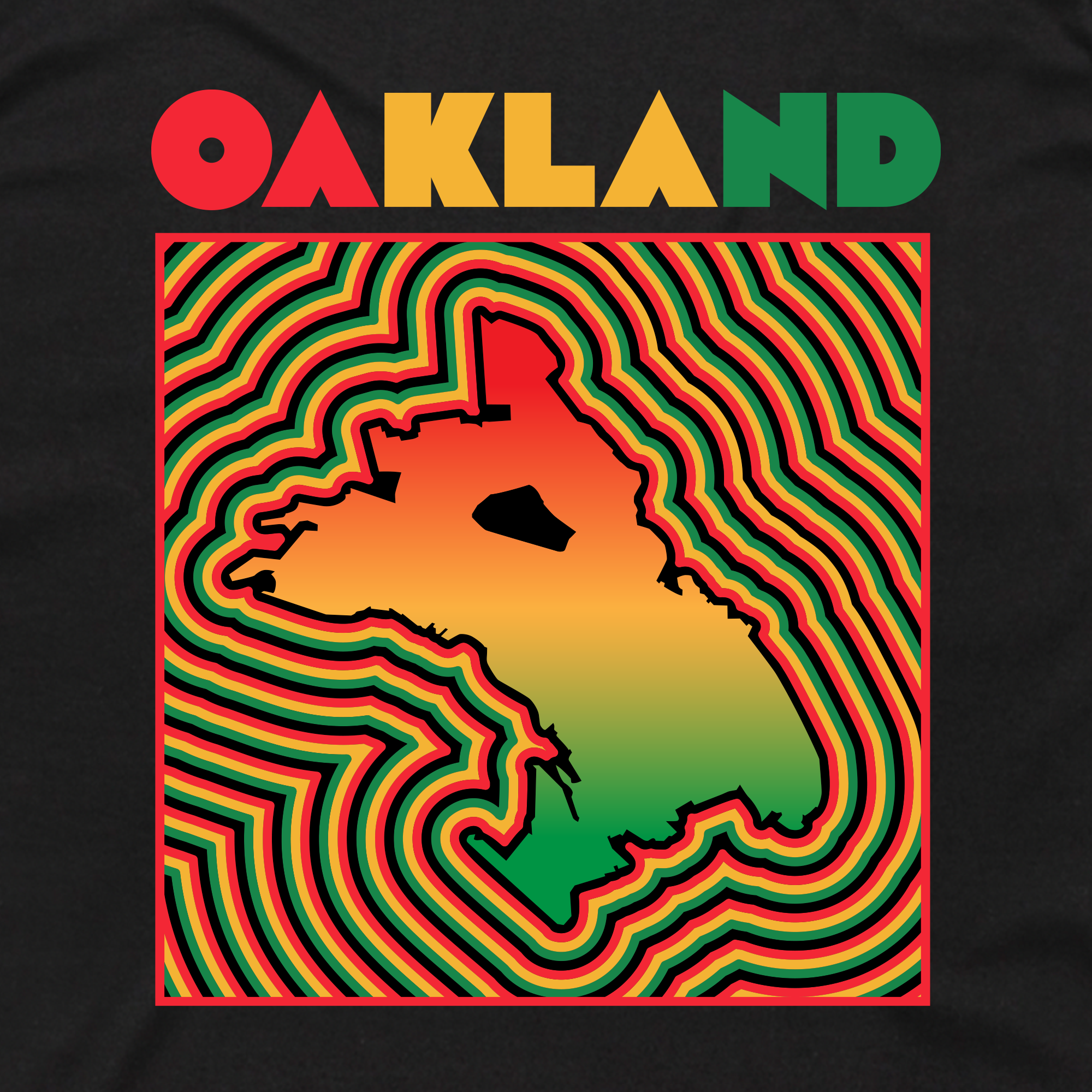 The Flourish Tee by Oaklandish features a central graphic map of Oakland with a yellow-green-red gradient, Juneteenth-inspired radiating lines, and "OAKLAND" above in bold geometric red, yellow, or green letters.
